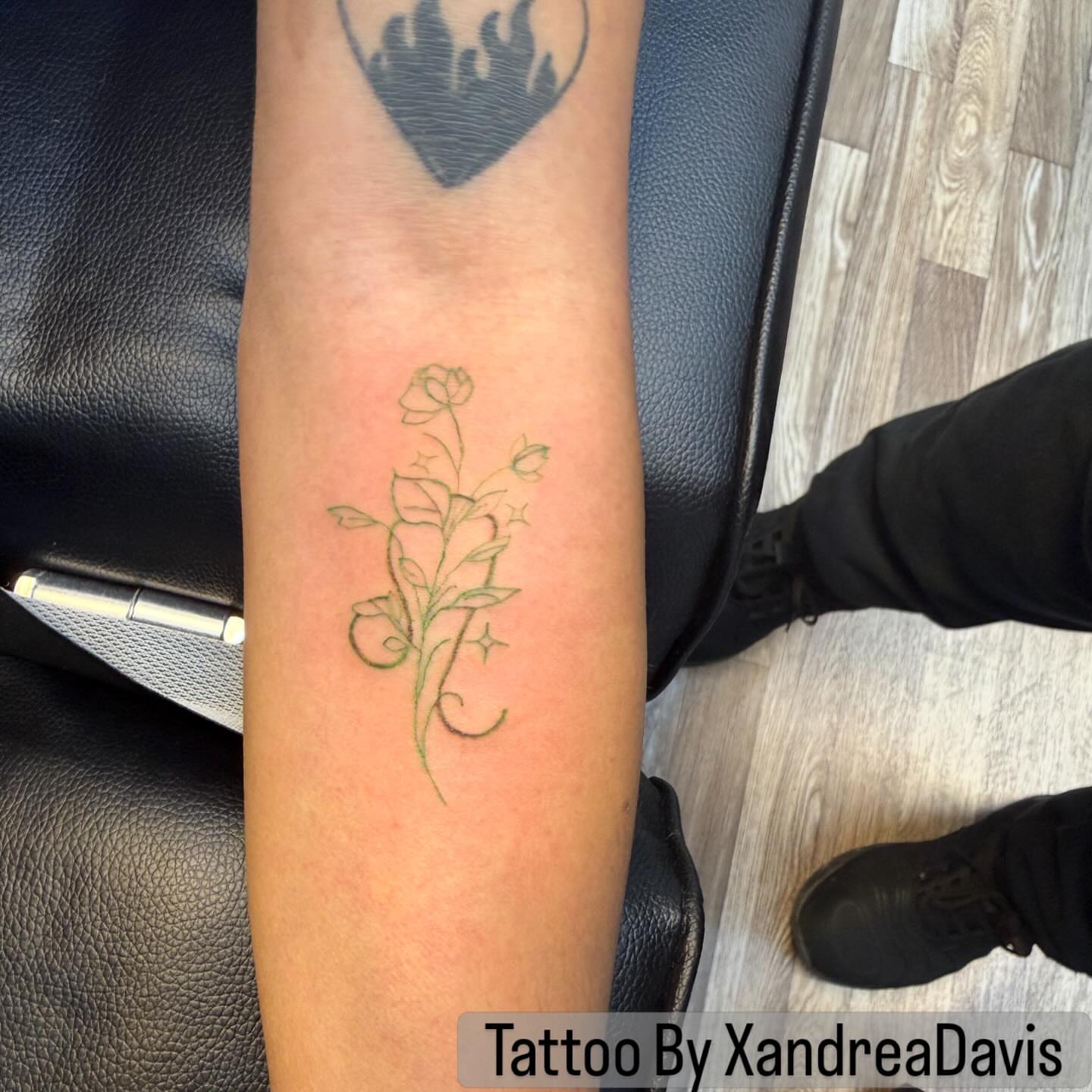 Bell flowers fine line tattoo on the forearm by XoXandrea.Ink, Kansas City, Missouri