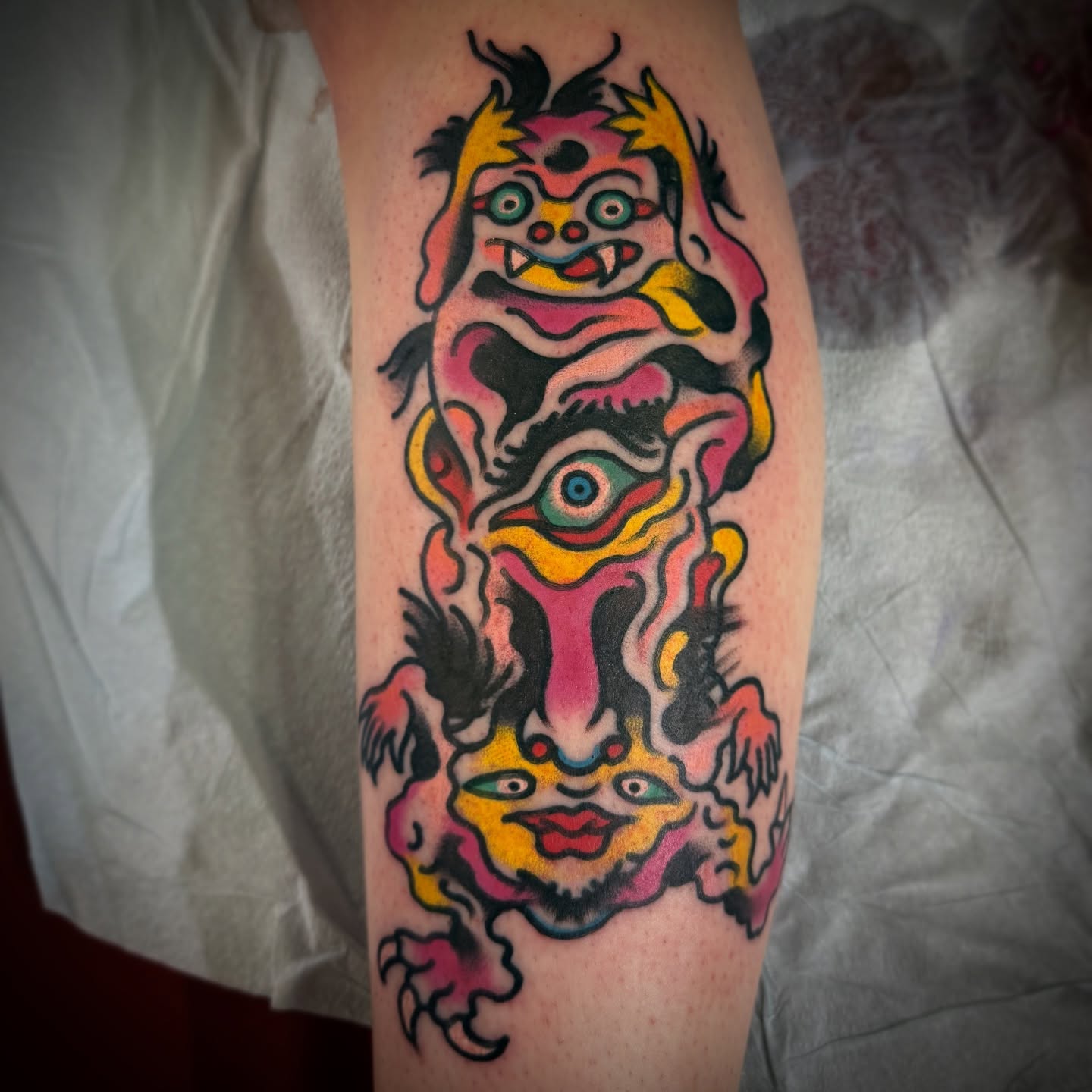 Monster American traditional tattoo on the forearm by Chuck Paprocki, Nashville, Tennessee