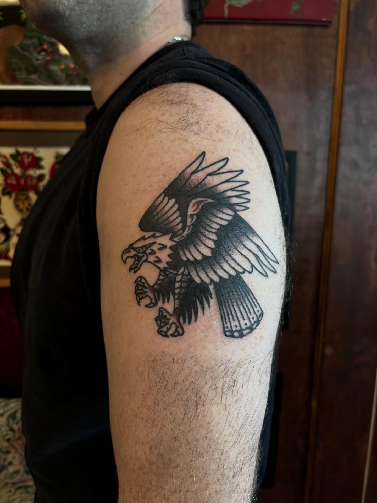 Eagle American traditional tattoo on the shoulder by Alyssa L'Heureux🕴🏼, Los Angeles, California