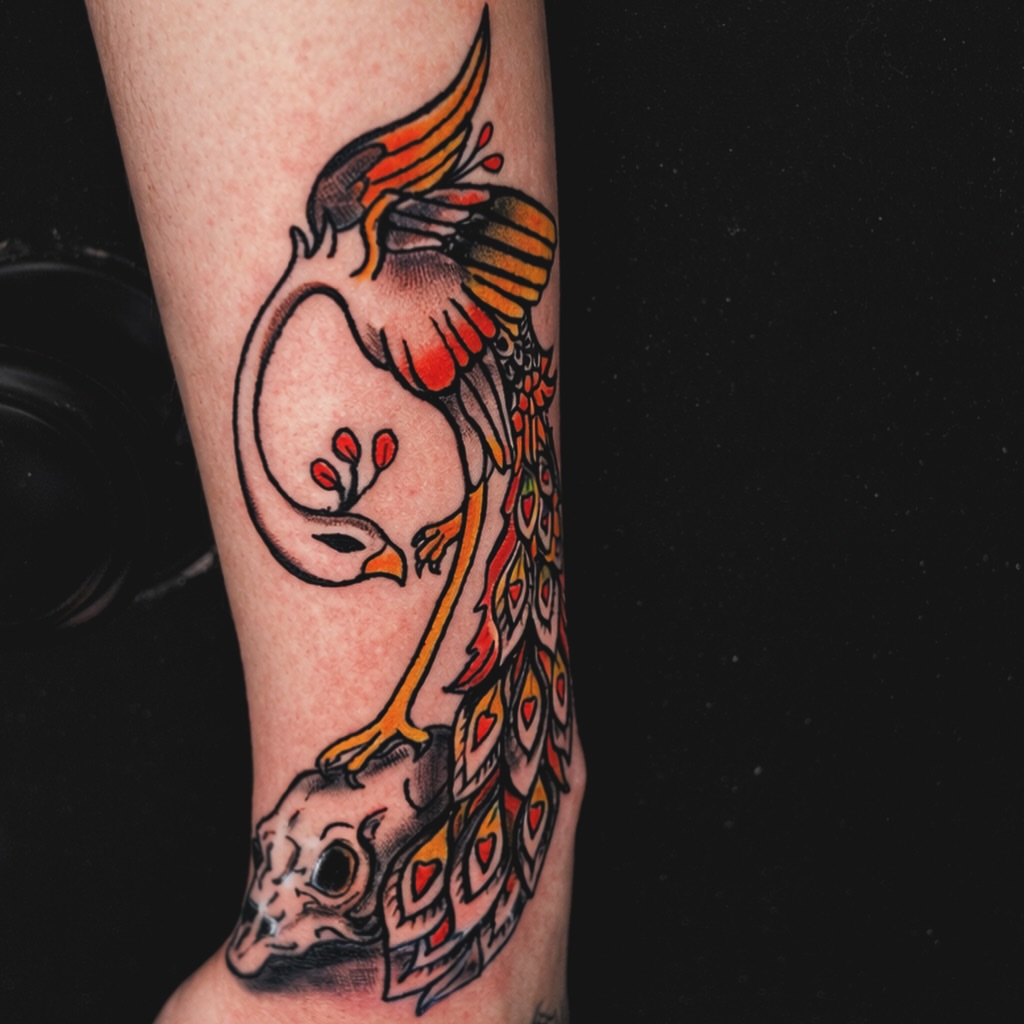 Peacock and skull American traditional tattoo on the forearm by Evan Intveld