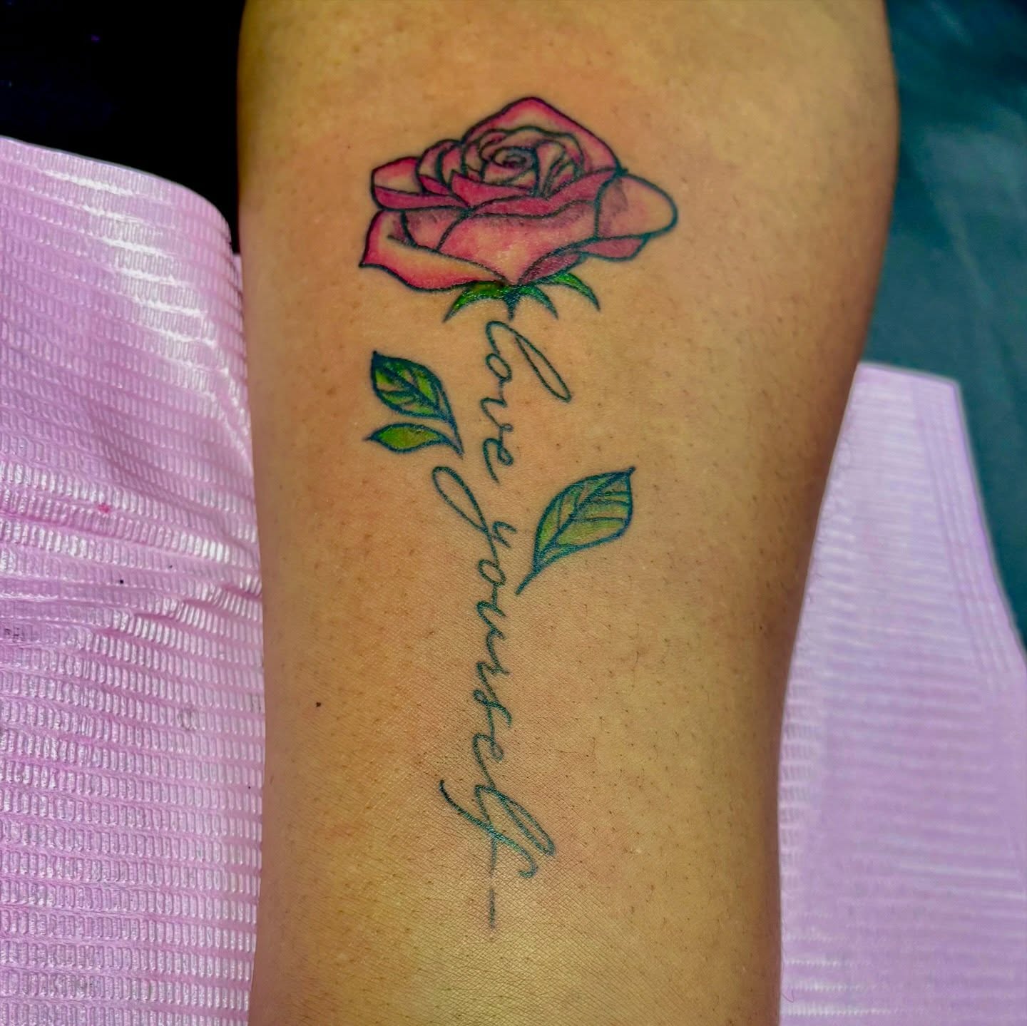 Love yourself lettering script tattoo on the forearm by Tessahwessah 🧞‍♀️