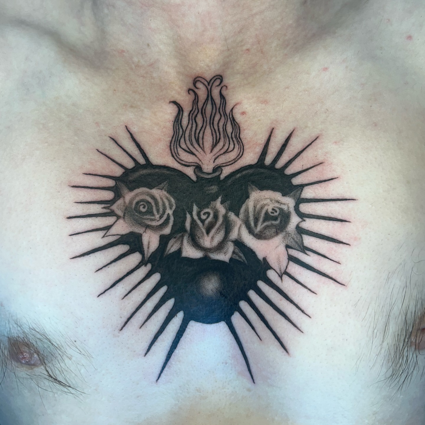 Roses and thorns black and grey tattoo on the chest by 𝖌𝖆𝖇𝖊˚༘ ೀ⋆｡˚