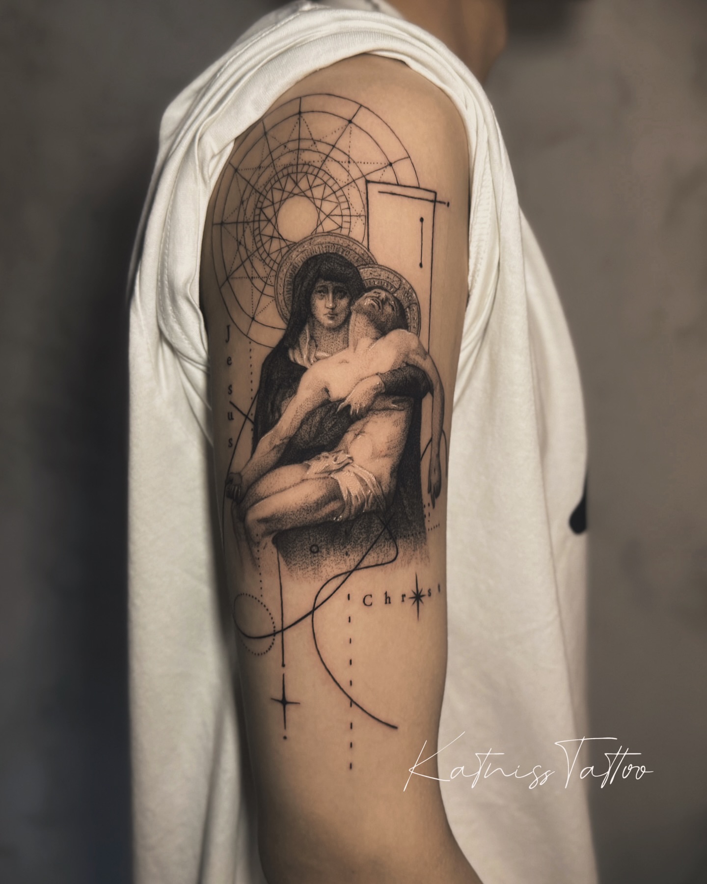 Pieta realism tattoo on the forearm by 𝙆𝙖𝙩𝙣𝙞𝙨𝙨