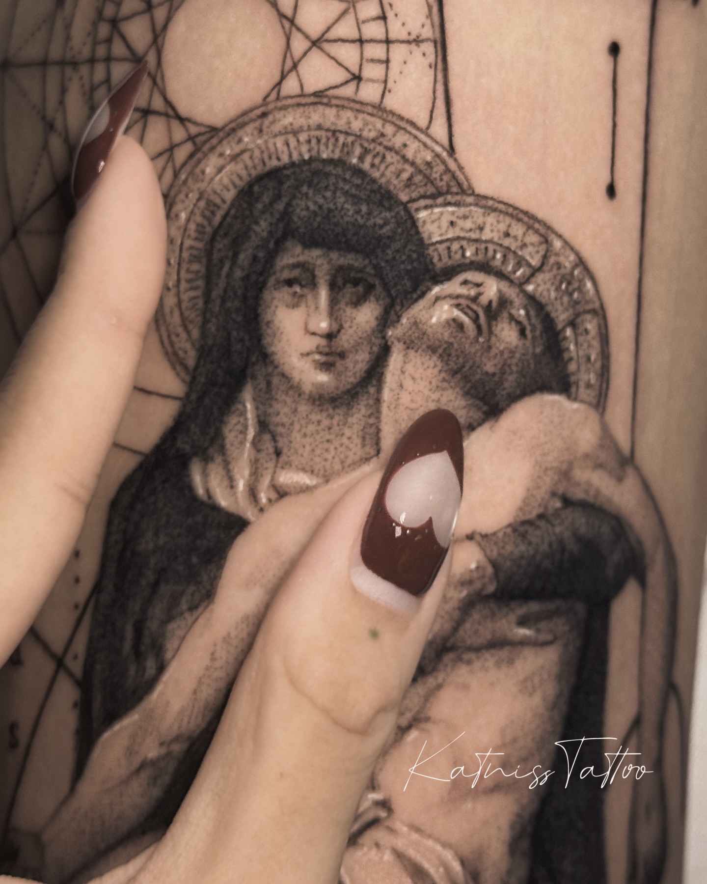 Religious pieta dotwork tattoo on the forearm by 𝙆𝙖𝙩𝙣𝙞𝙨𝙨