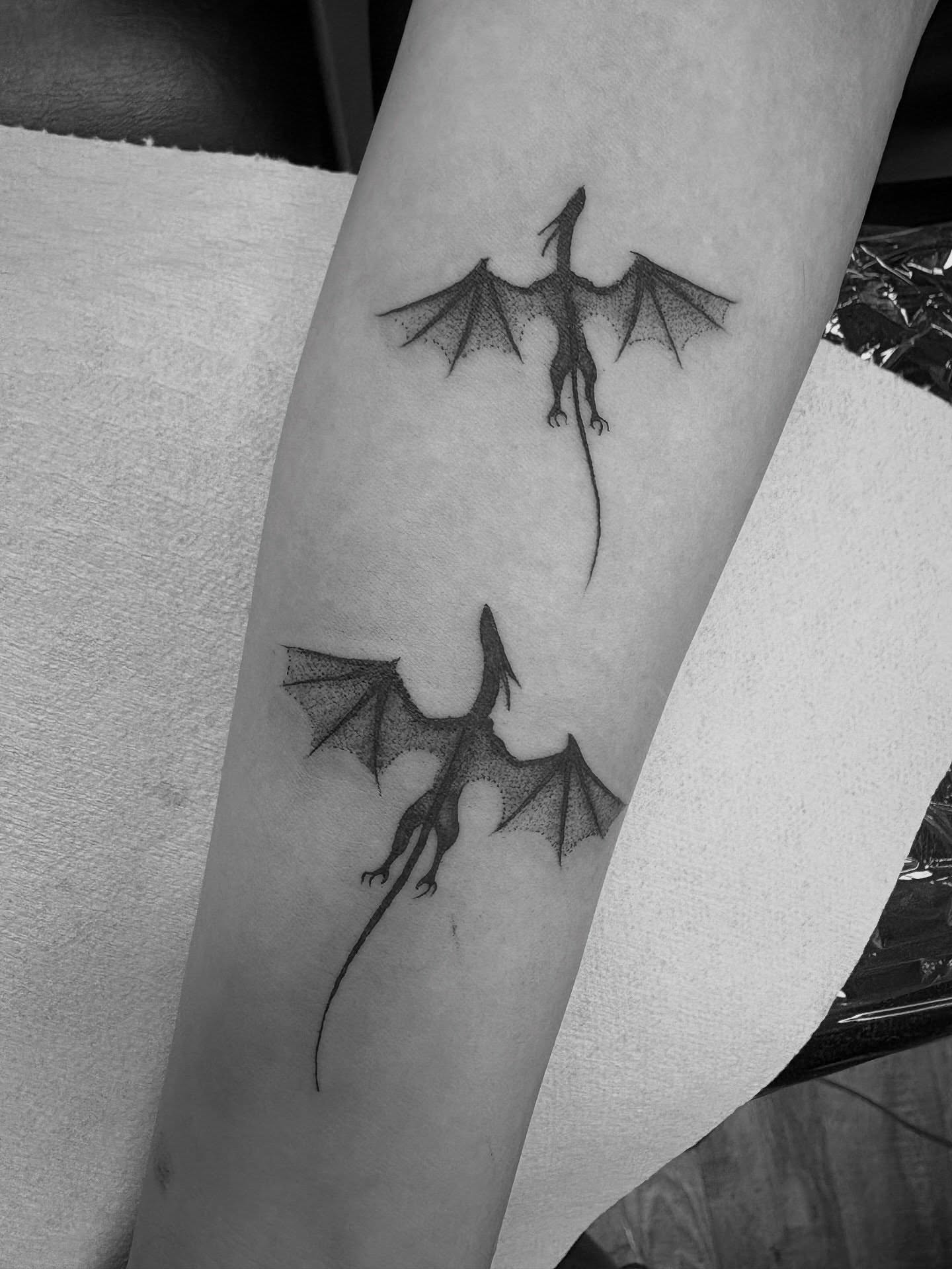 Dragons dotwork tattoo on the forearm by Jason Allen, Avondale, Arizona