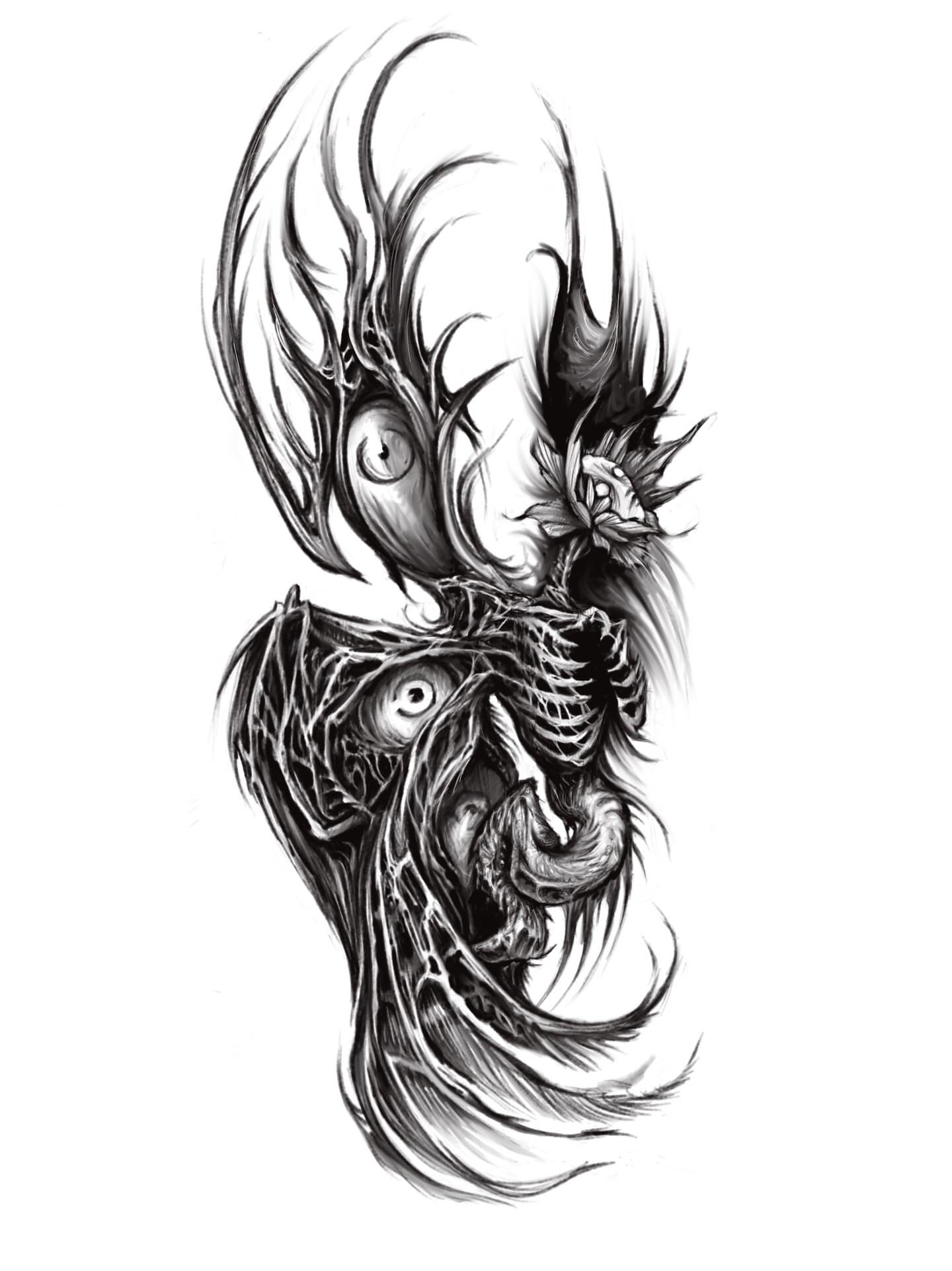 Abstract creature surrealism tattoo by Uku Tattoos, Cambridge, England