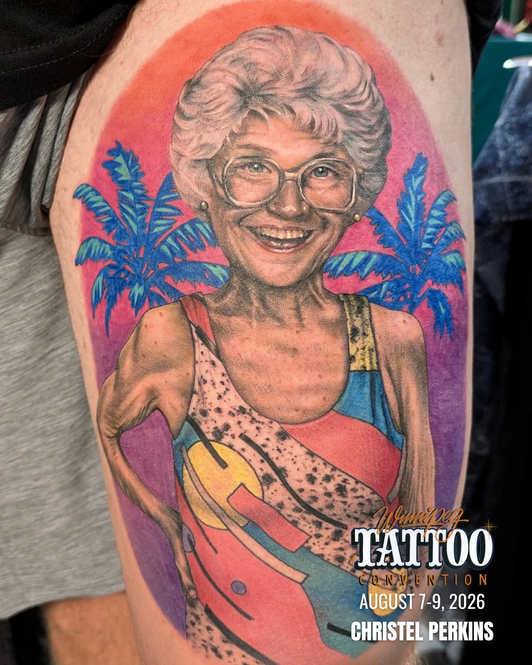 Portrait of woman realism tattoo on the thigh by Christel Perkins