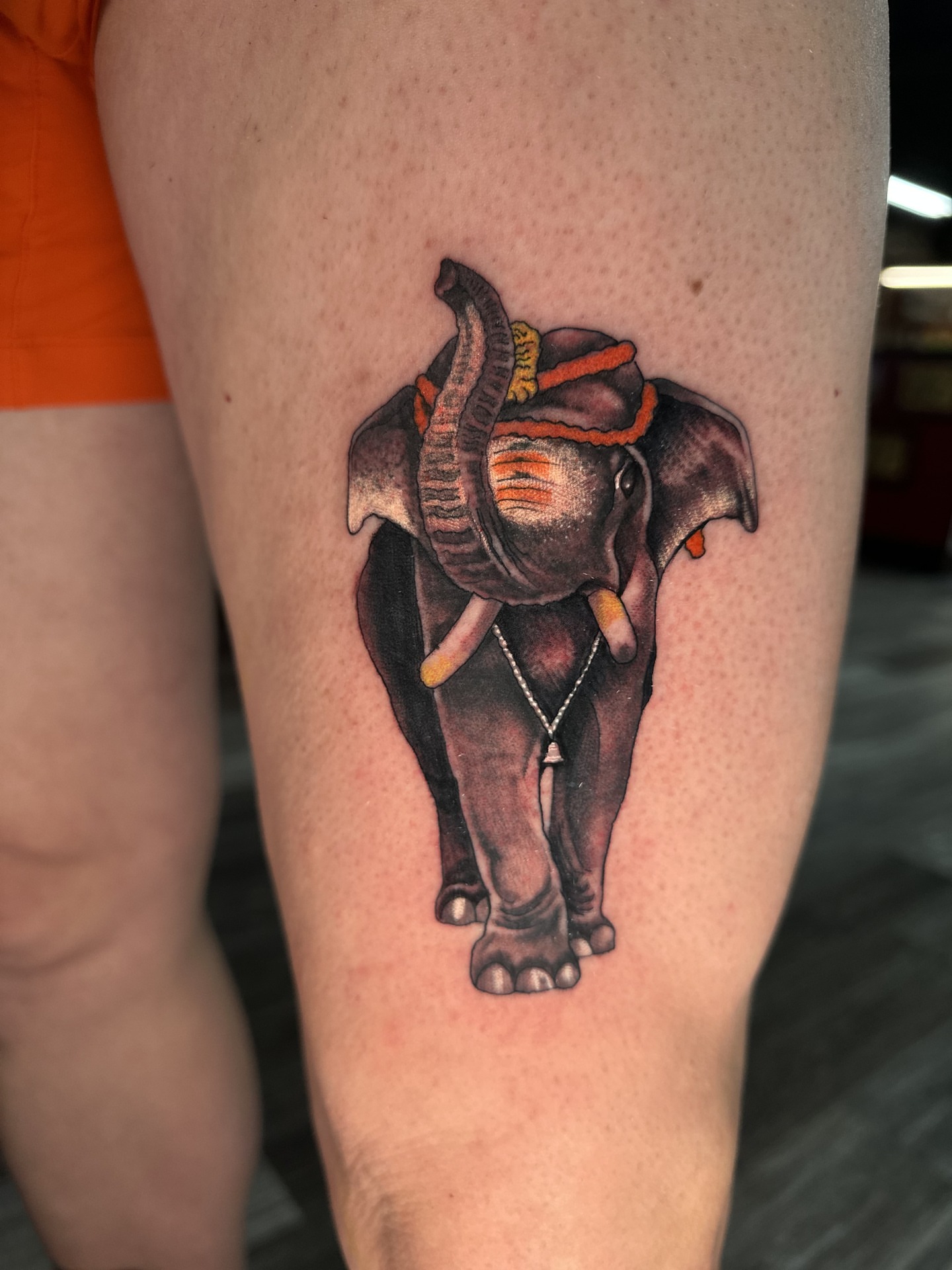 Elephant realism tattoo on the thigh by Skoty Fox
