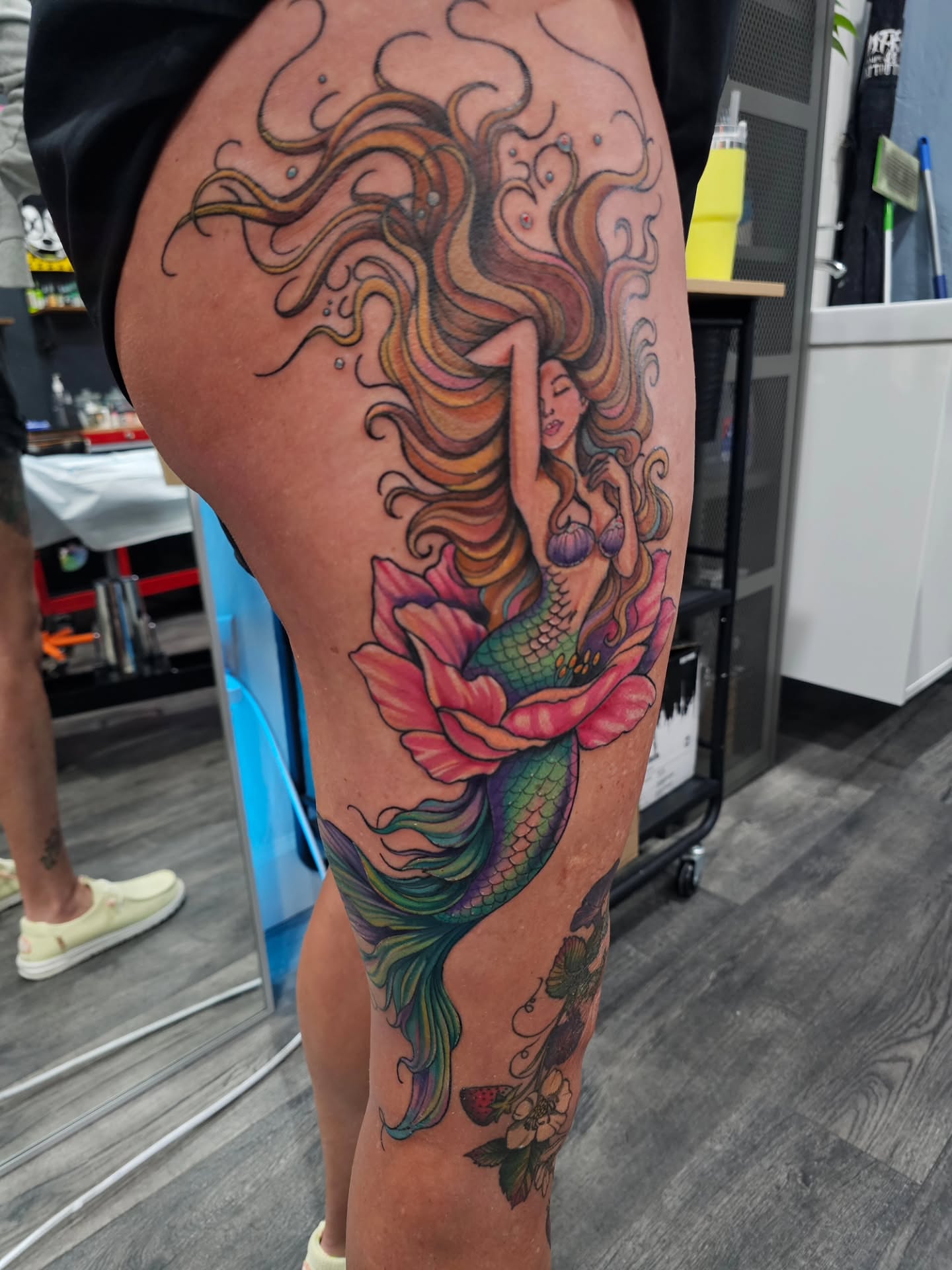 Mermaid new school tattoo on the thigh by Matthew Ashmore