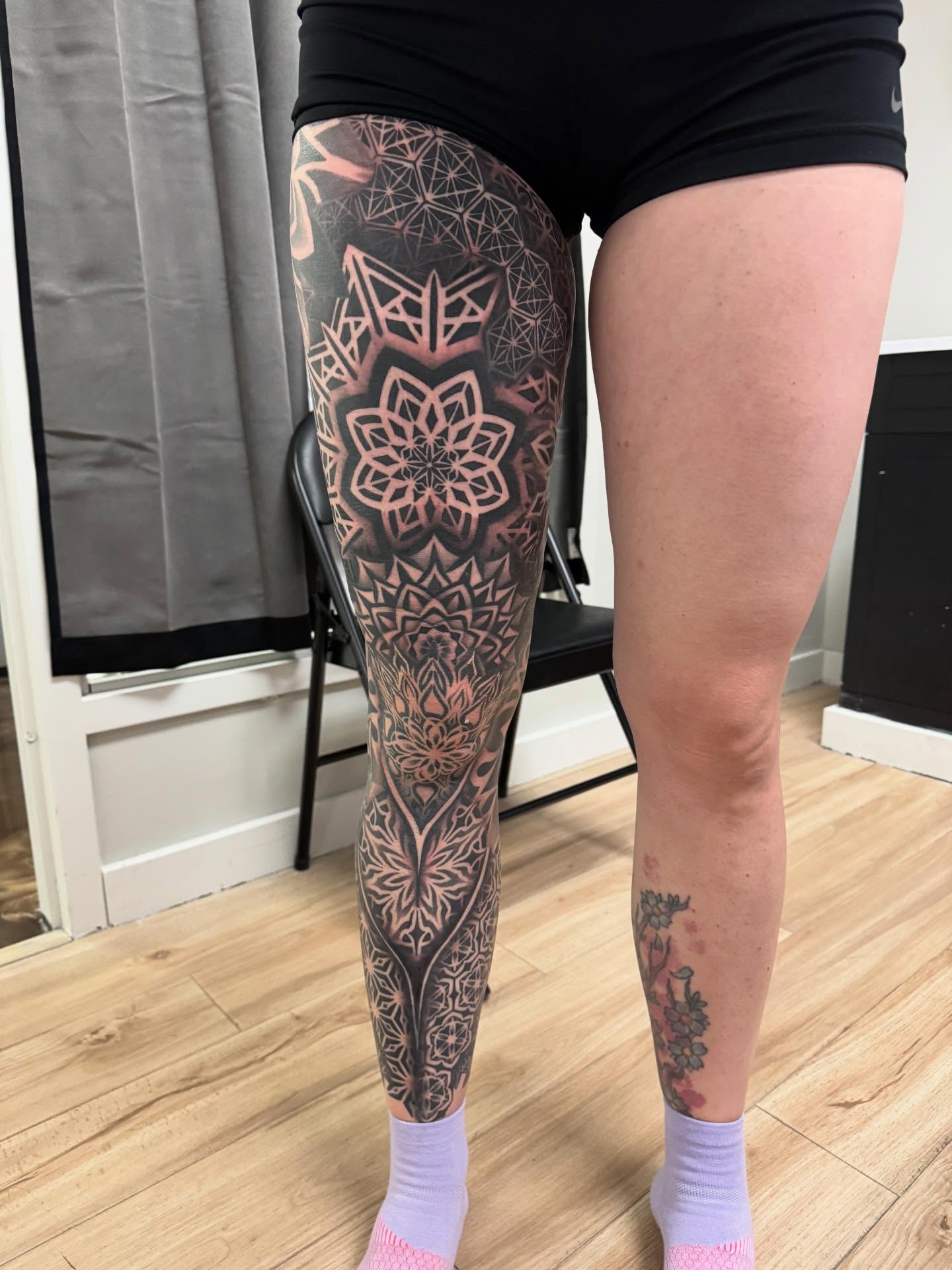 Geometric mandala geometric tattoo on the leg by Jon Fleming