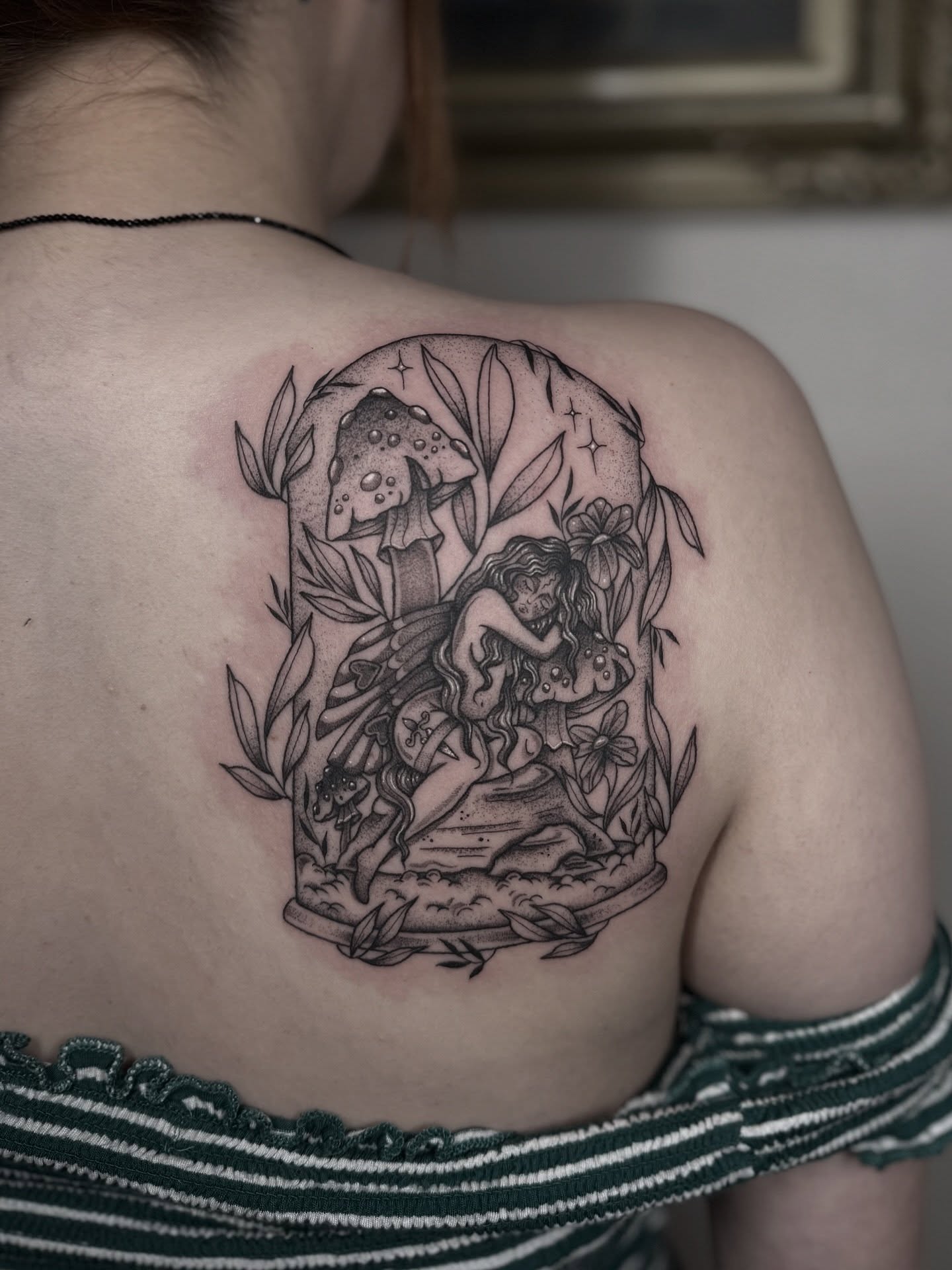 Fairy and mushrooms illustrative tattoo on the shoulder by Mara Flores βπΛβ§