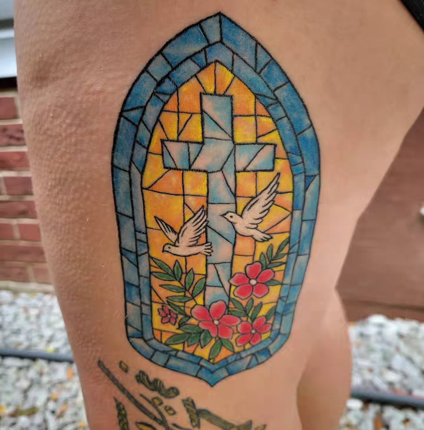 Stained glass window geometric tattoo on the thigh by Solstice Tattoos by Savannah Sadler (future, Salisbury, North Carolina