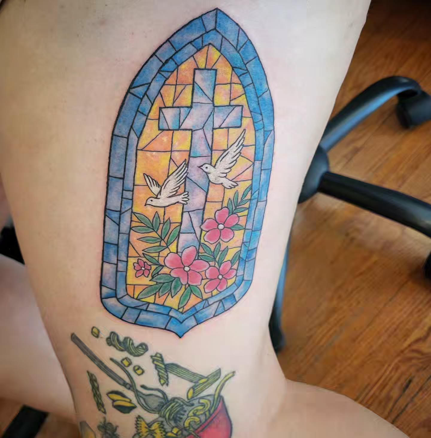 Stained glass window American traditional tattoo on the thigh by Solstice Tattoos by Savannah Sadler (future, Salisbury, North Carolina
