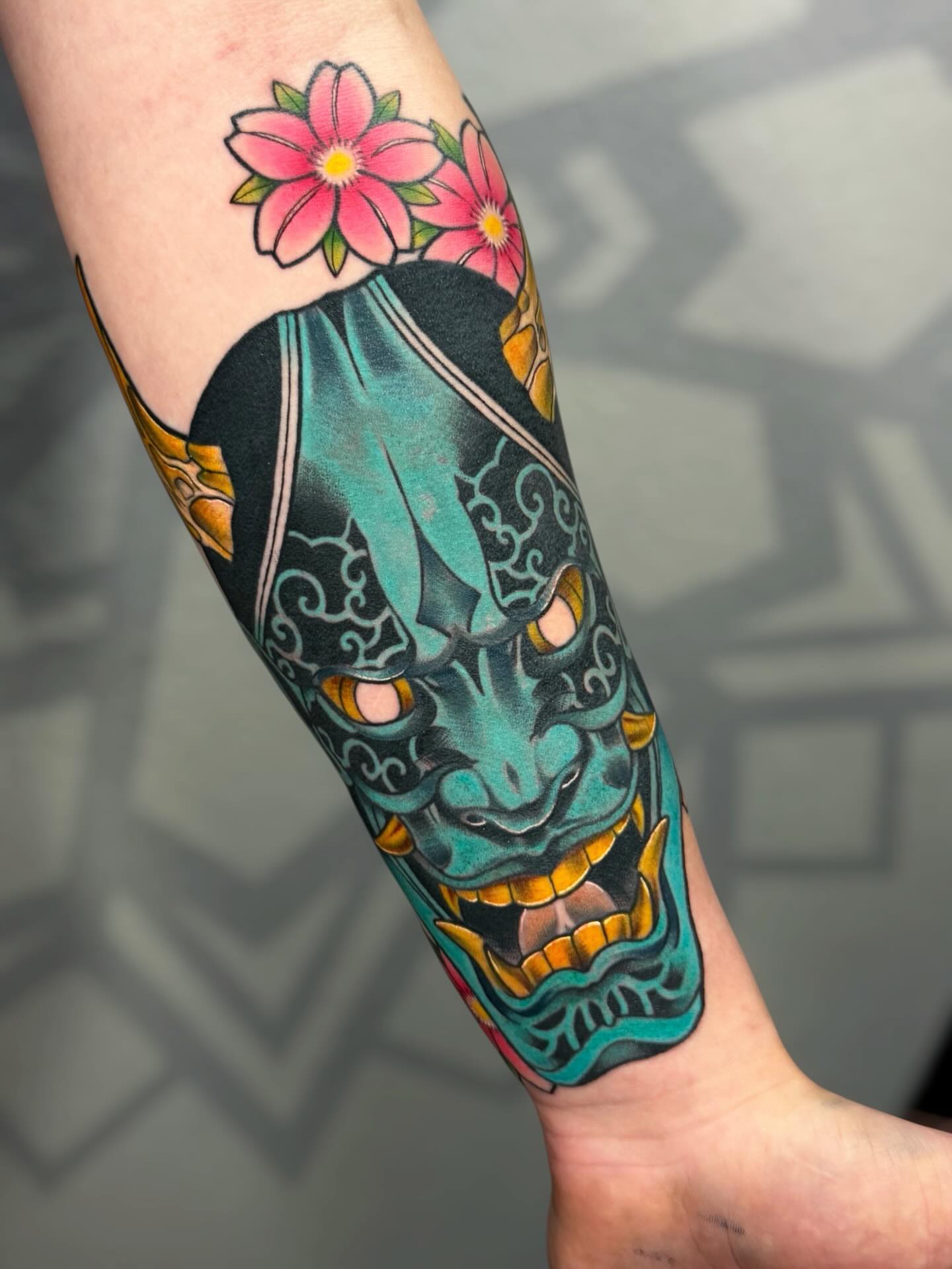 Japanese mask japanese irezumi tattoo on the forearm by Las Vegas Tattoo Artist, Las Vegas, Nevada
