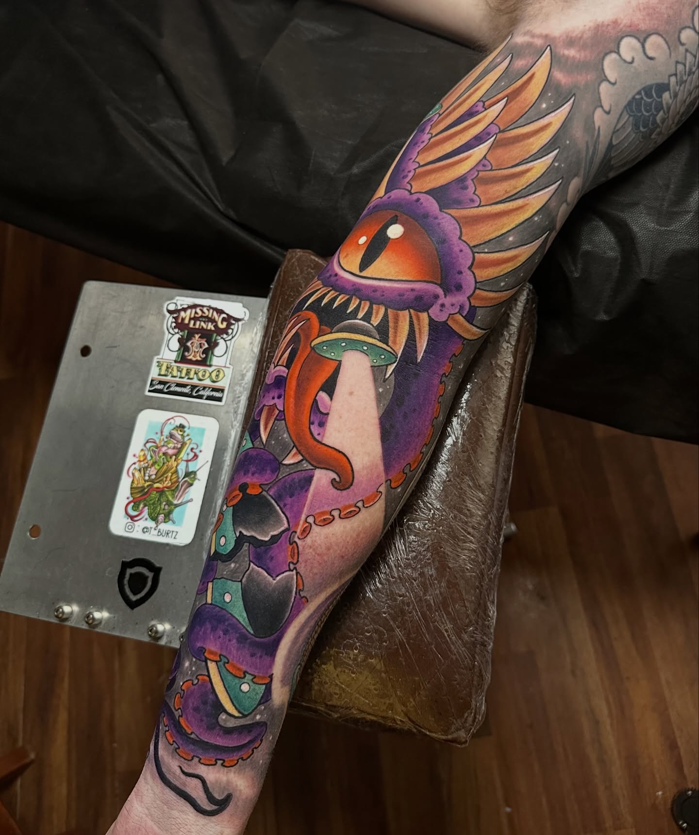 Fantasy creature dotwork tattoo on the forearm by Trevor Burtz