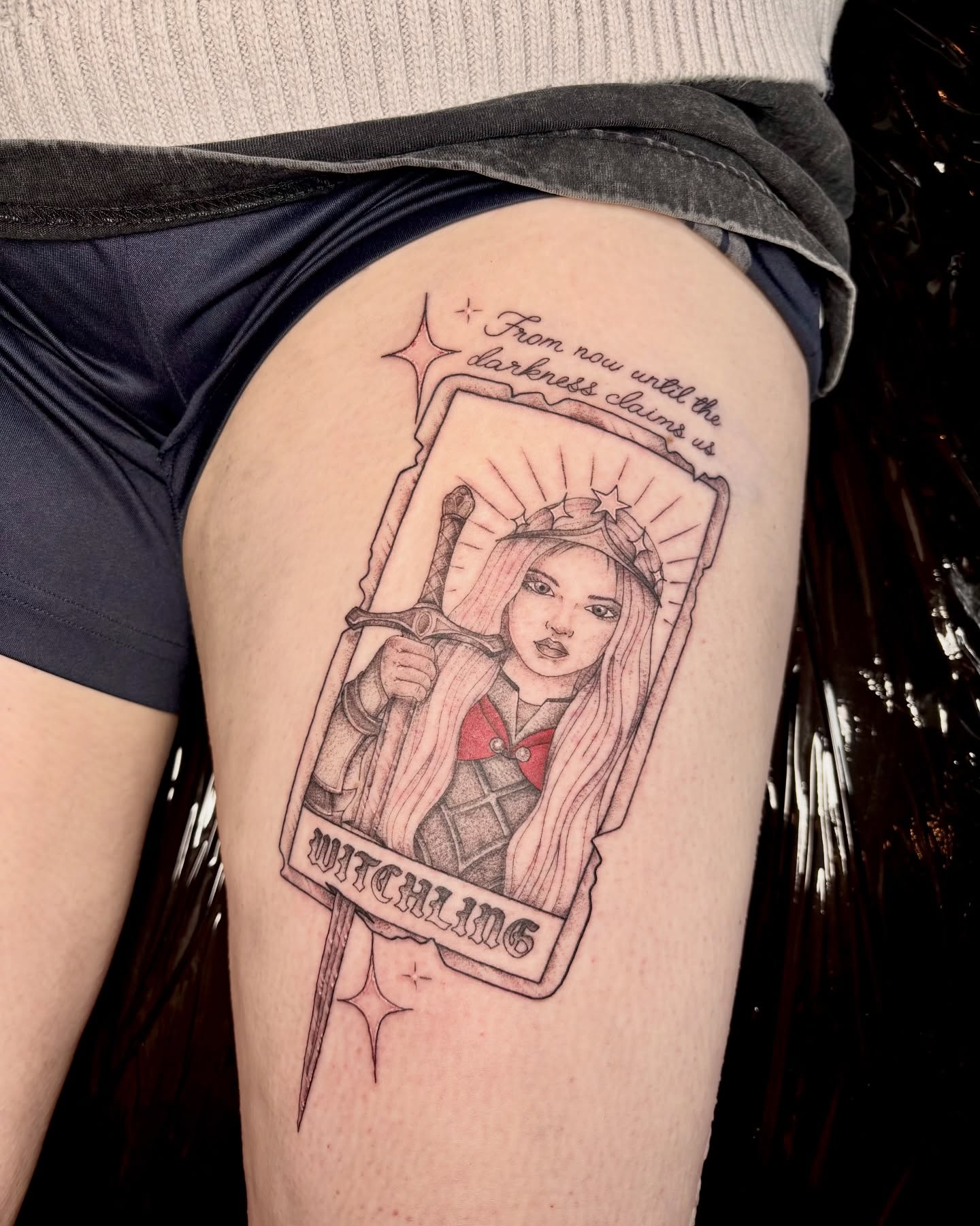 Witchling black and grey tattoo on the thigh by Charlotte Brown, Leeds, England