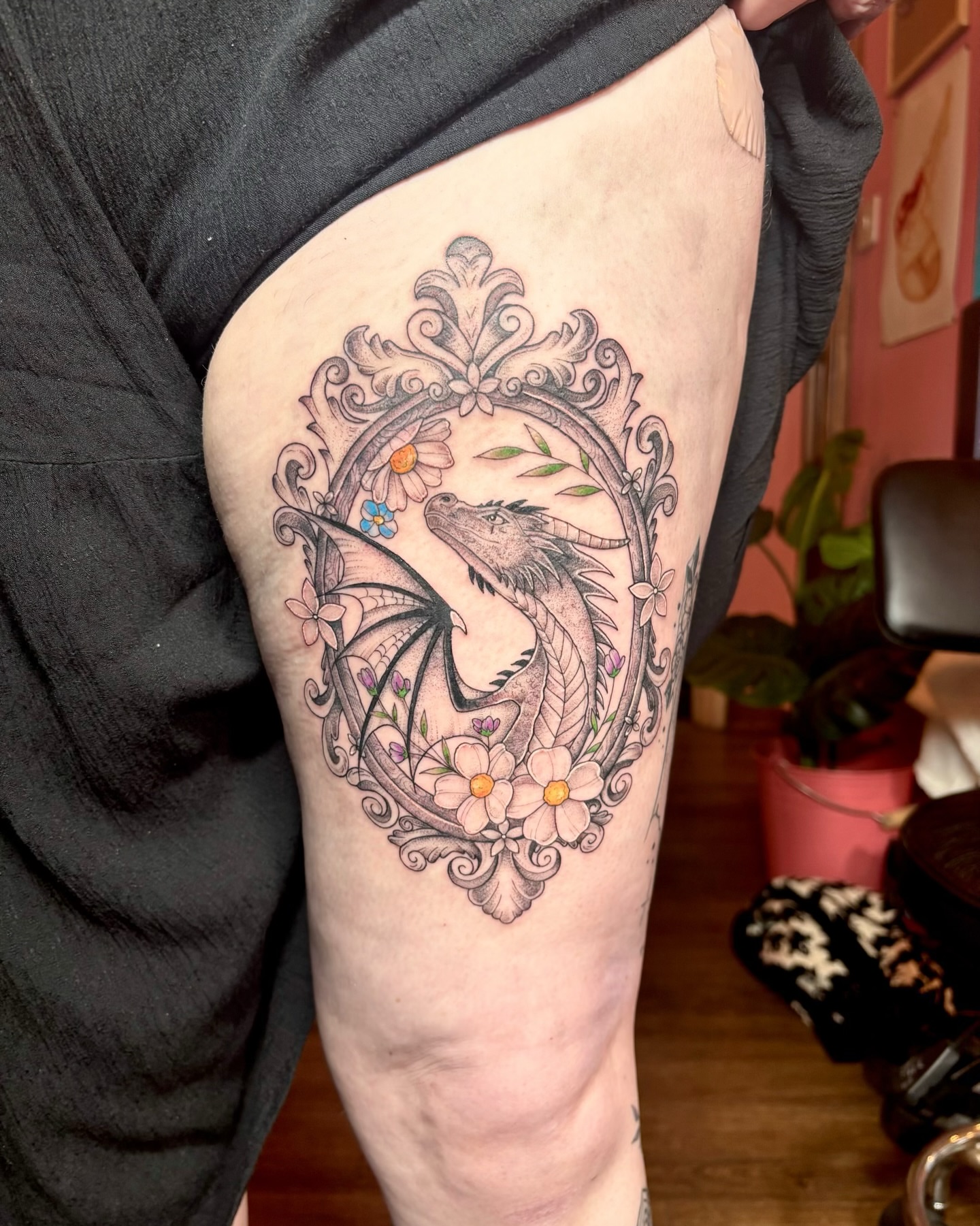 Dragon neo-traditional tattoo on the thigh by Charlotte Brown, Leeds, England