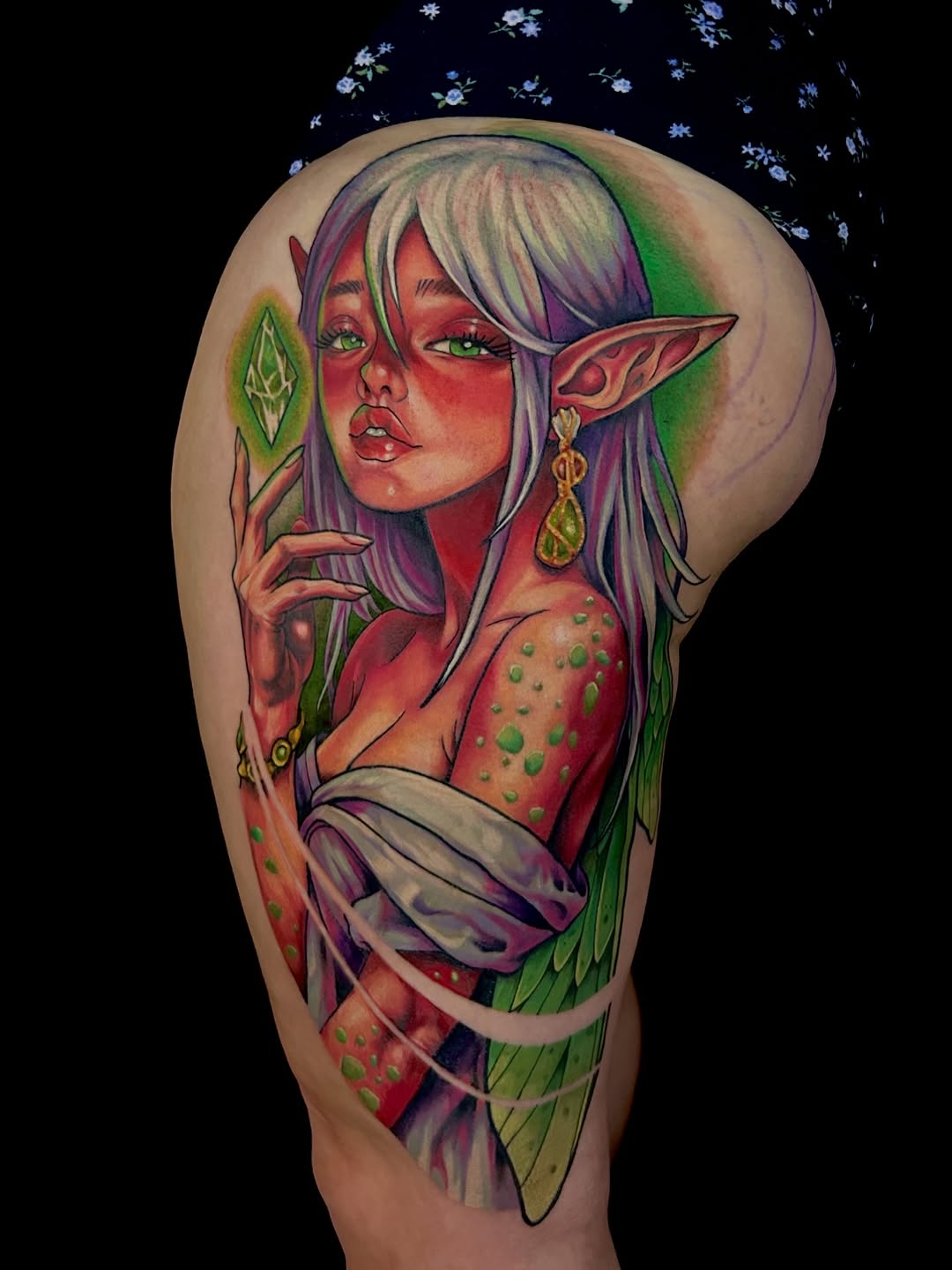 Elf girl with crystal neo-traditional tattoo on the upper arm by Kim Goff - Special K