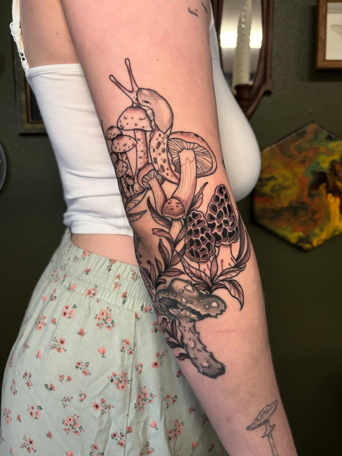 Mushroom cluster black and grey tattoo on the forearm by Wren Hollow, Portland, Oregon
