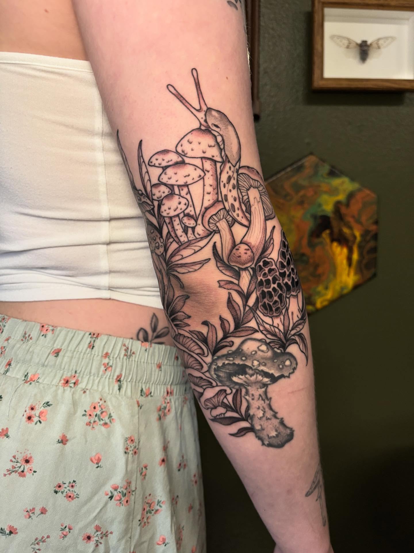 Mushroom forest realism tattoo on the forearm by Wren Hollow, Portland, Oregon