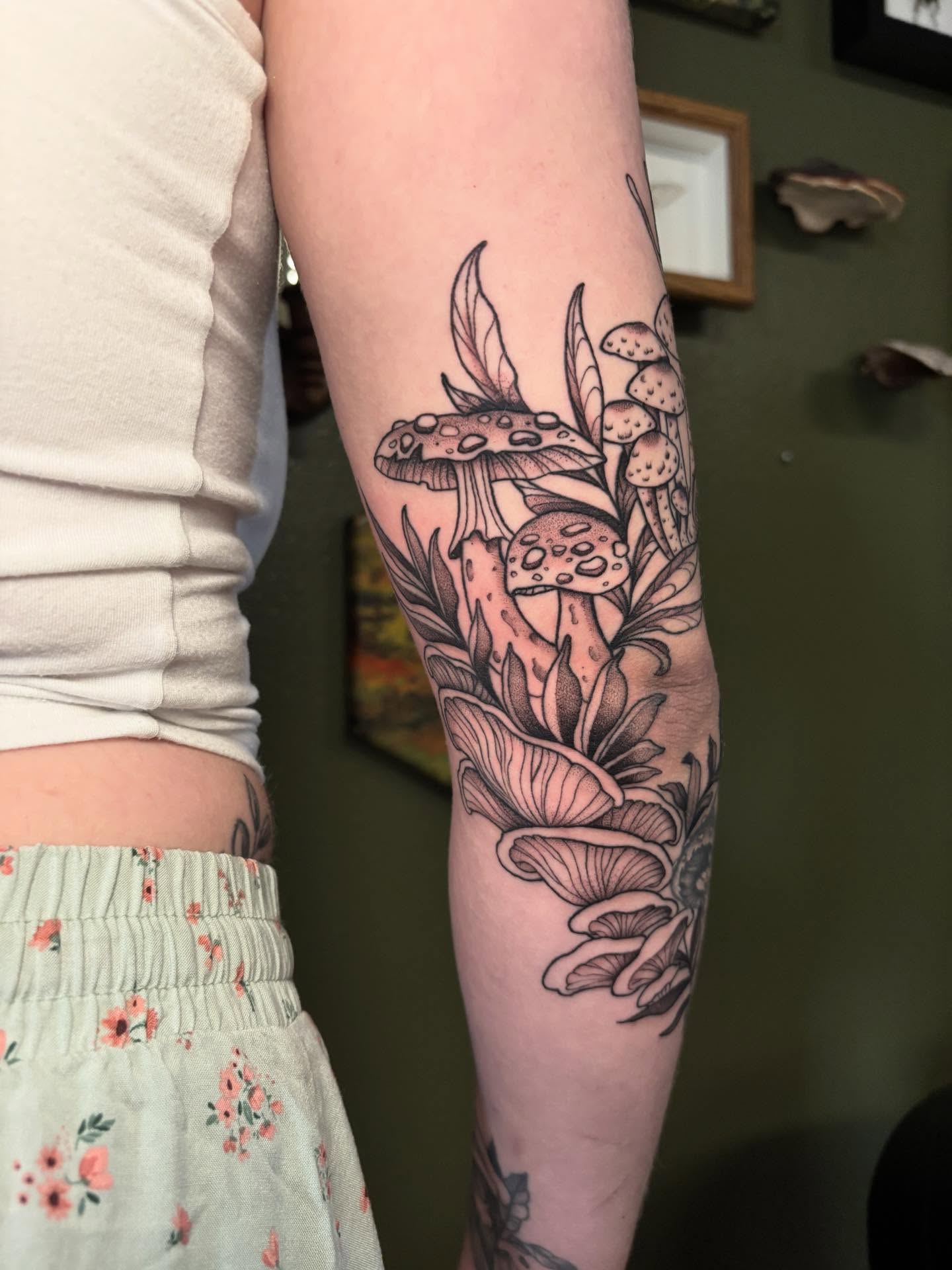 Mushroom forest realism tattoo on the forearm by Wren Hollow, Portland, Oregon
