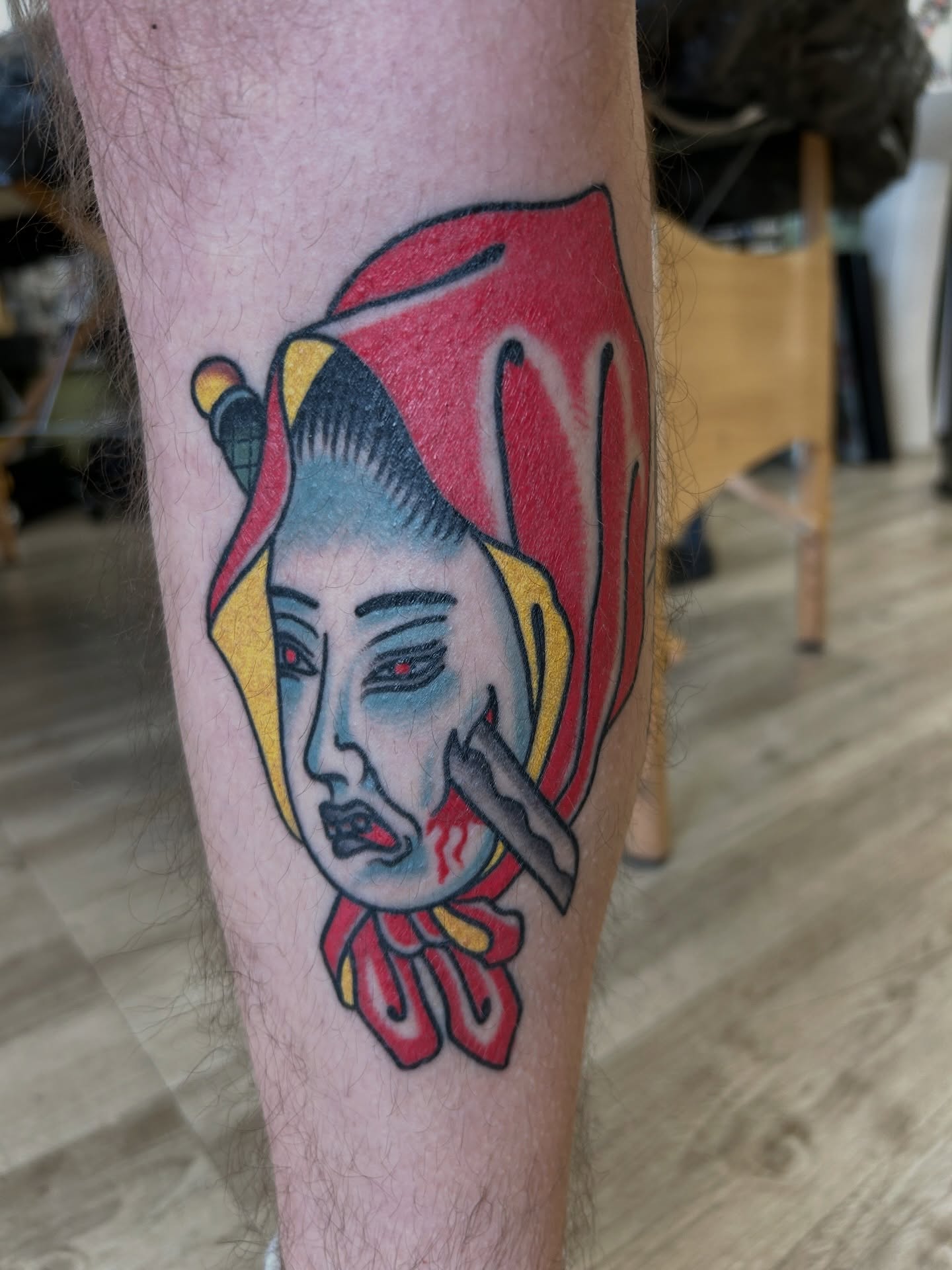 Jester American traditional tattoo on the forearm by Eric Caudill, Indianapolis, Indiana