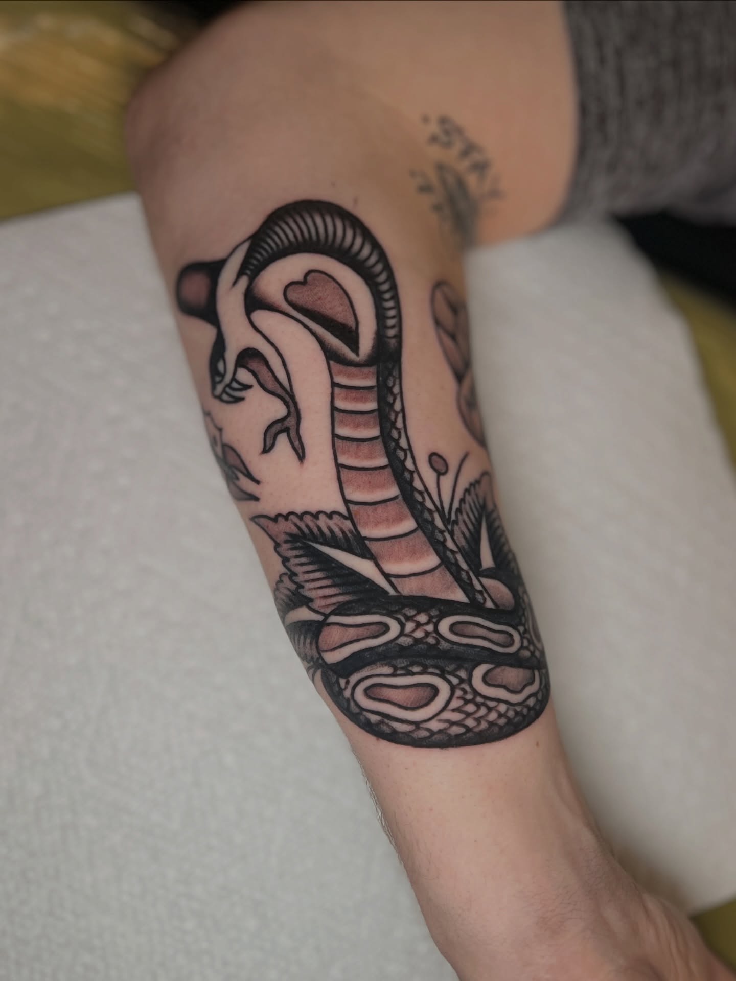 Snake and peony American traditional tattoo on the forearm by Andrew Storm