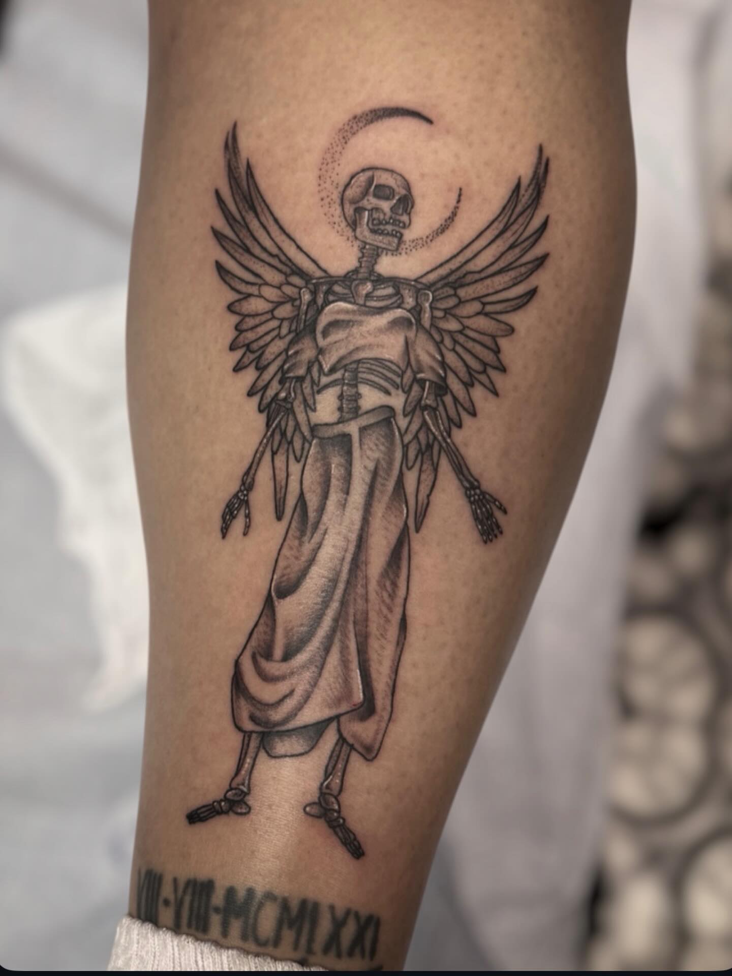 Skeleton angel dotwork tattoo on the forearm by Ashleigh Lapole