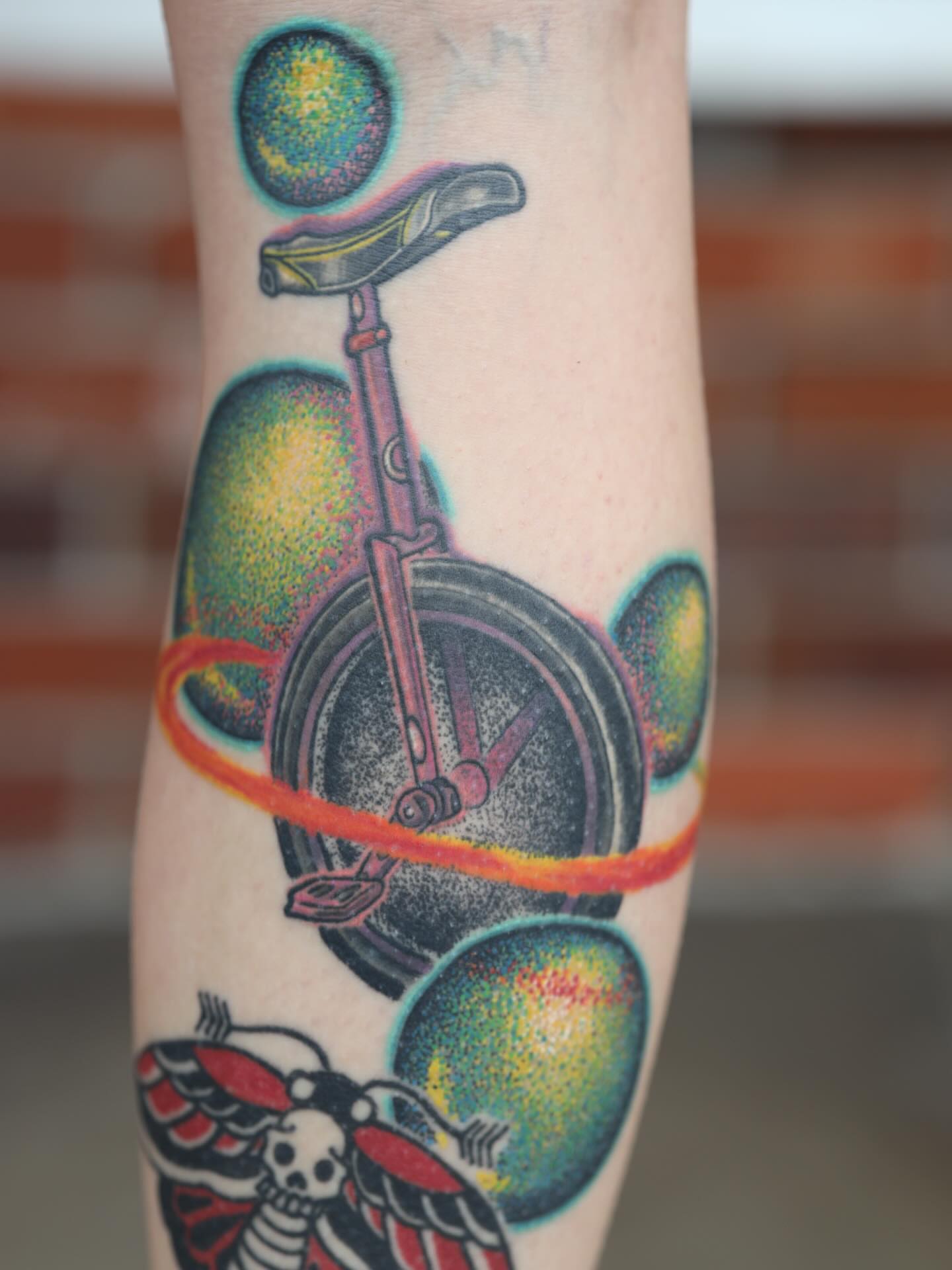 Unicycle dotwork tattoo on the forearm by LiteBriteTattoo, Salt Lake City, Utah
