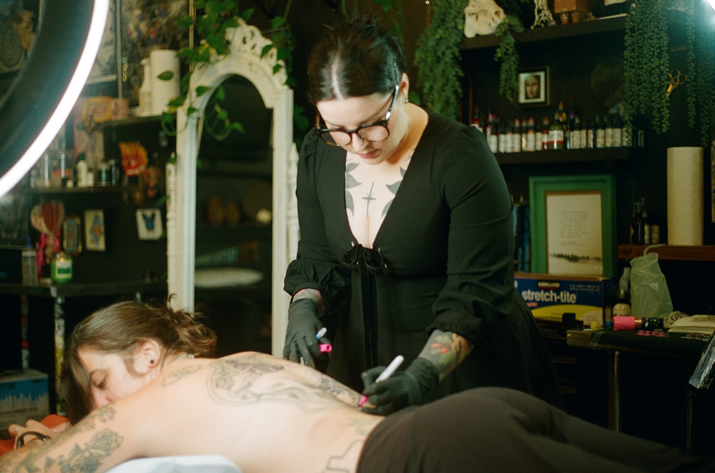 Back piece black and grey tattoo on the back by Emily Miller
