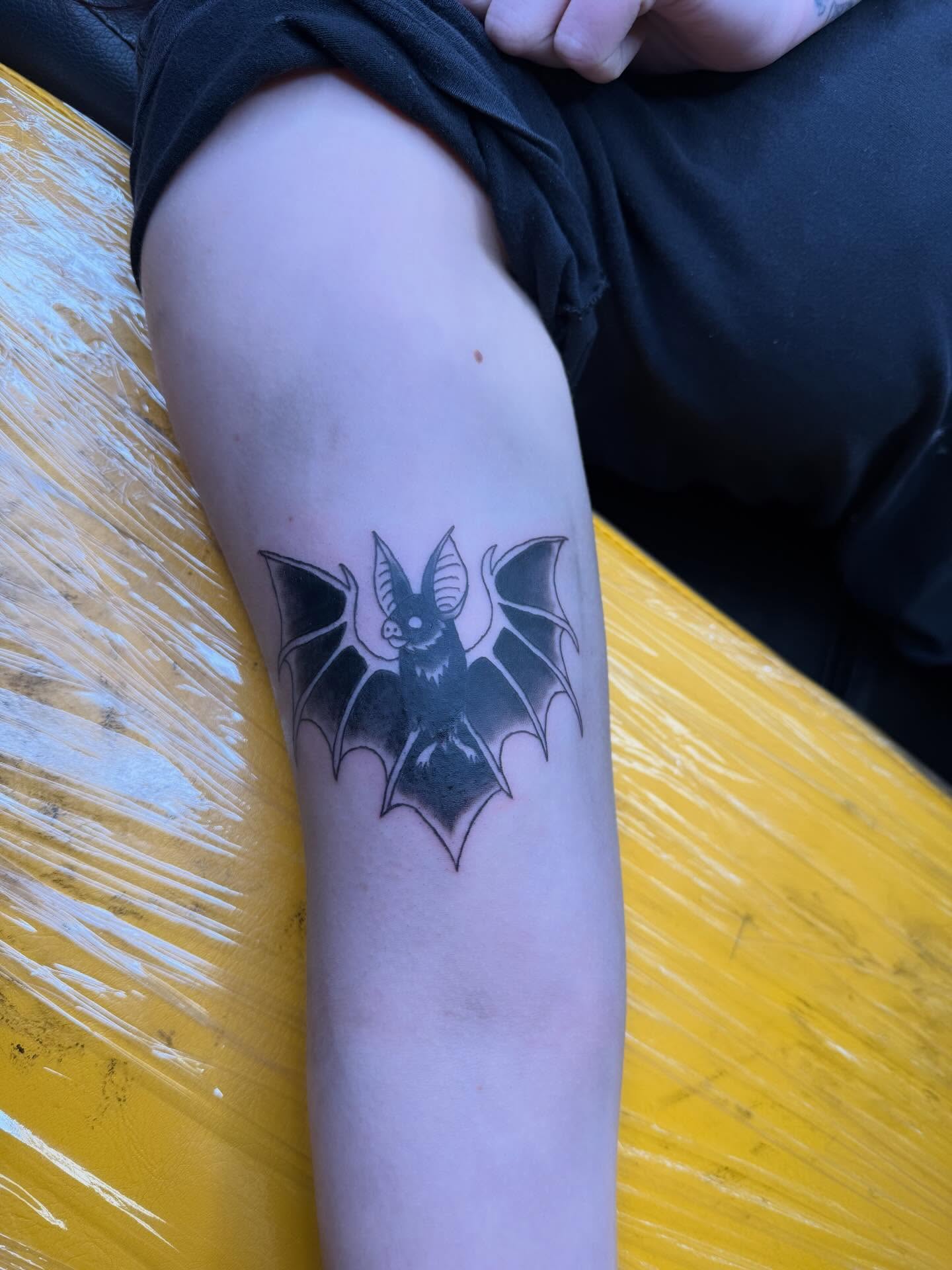 Bat black and grey tattoo on the forearm by Liz🗡️Fort Collins🗡️Tattoo Apprentice