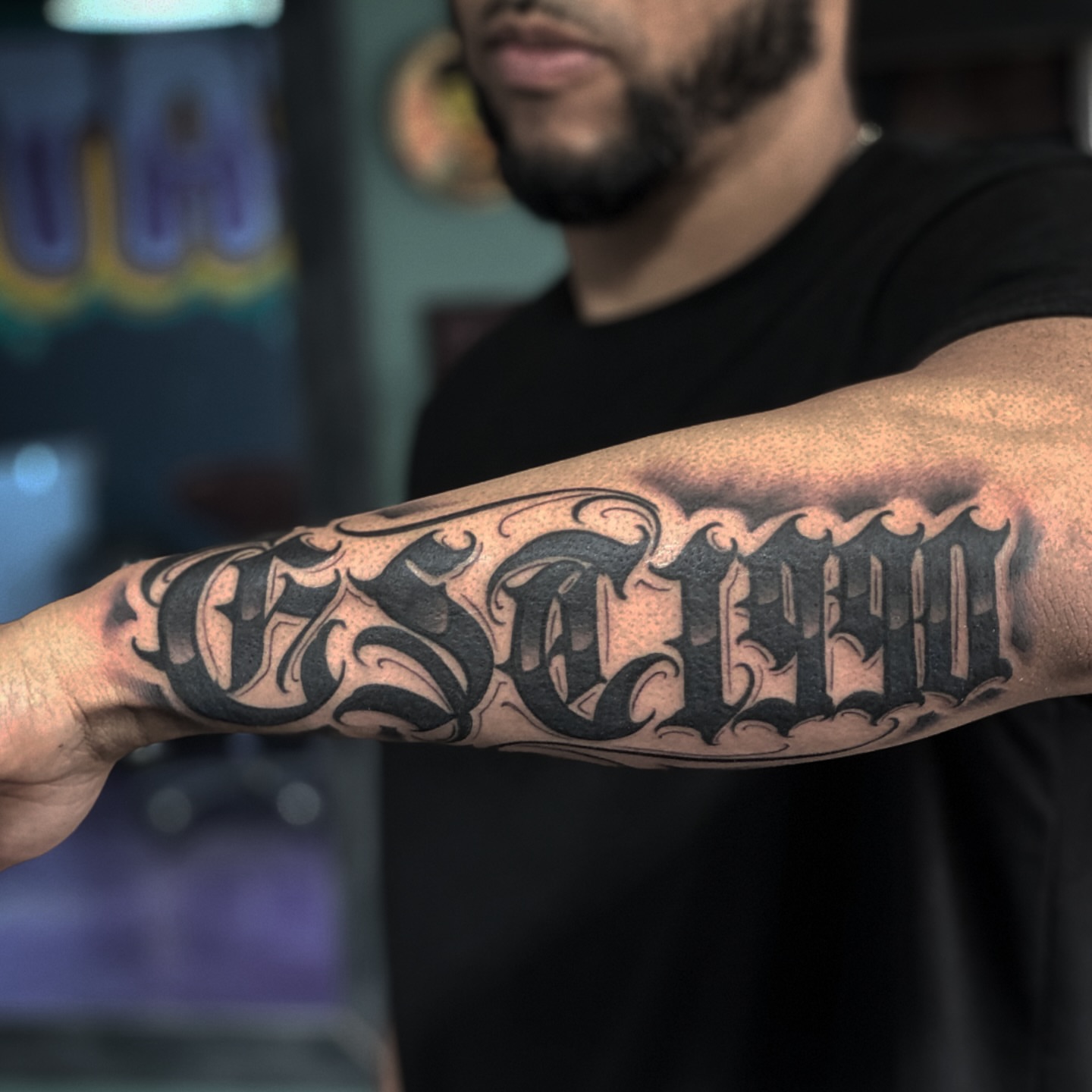 Script lettering lettering script tattoo on the forearm by Lex Miranda