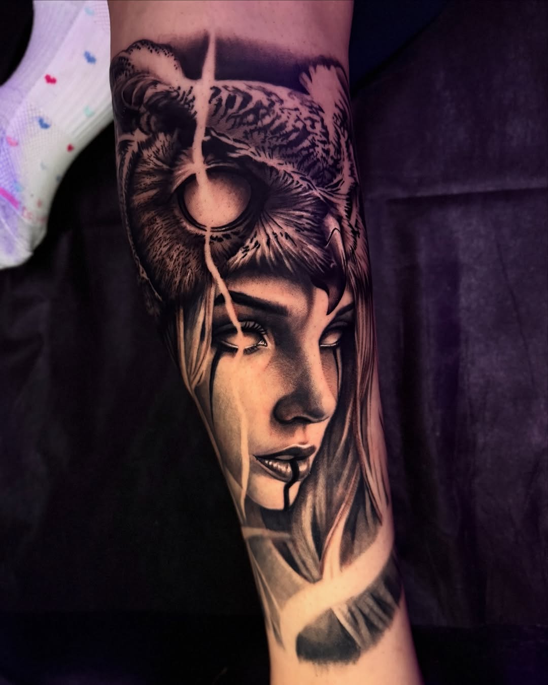 Woman with owl mask realism tattoo on the forearm by Tommy Nguyen, Eastpointe, Michigan