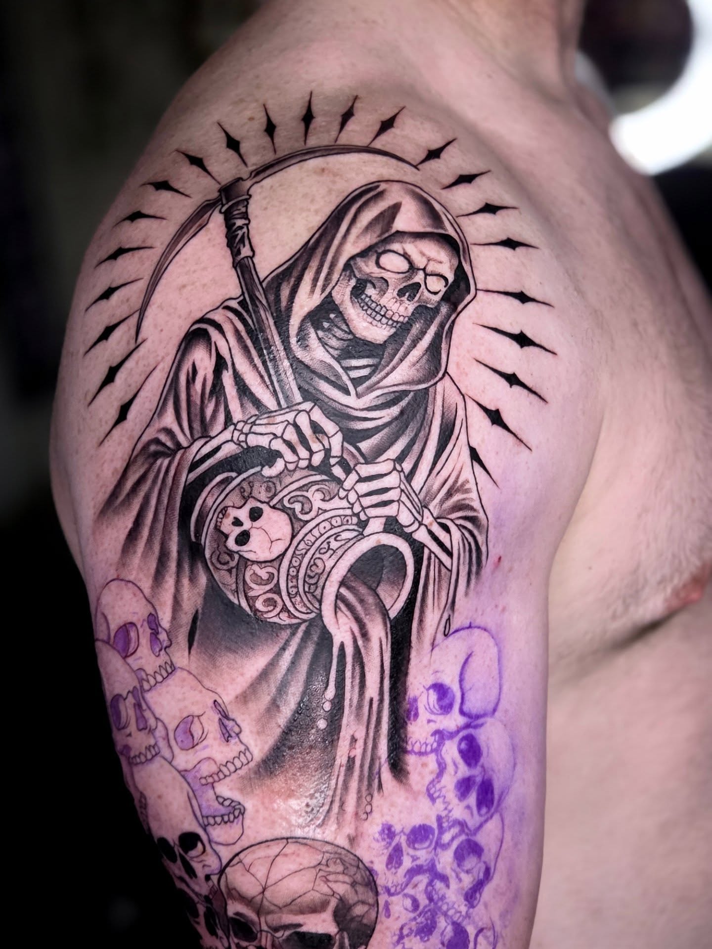 Grim reaper realism tattoo on the shoulder by Yvette Cebreros