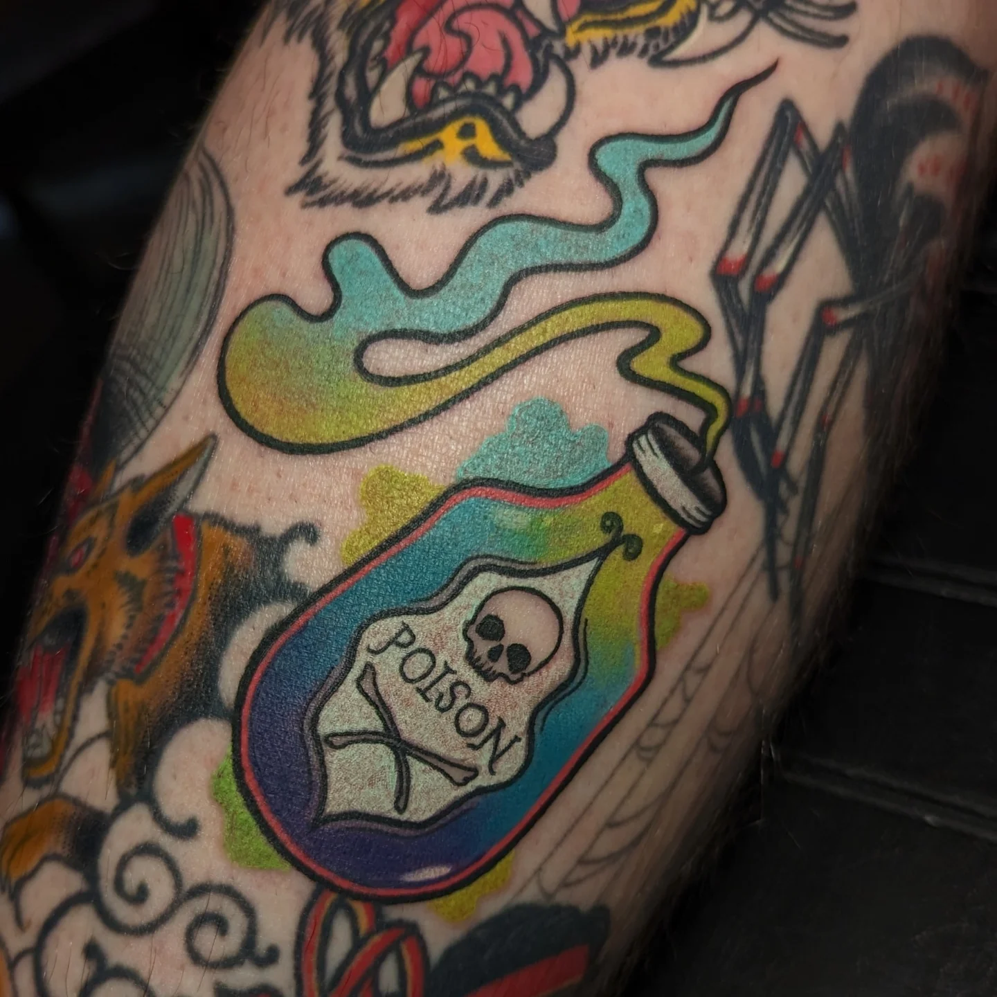 Poison bottle American traditional tattoo on the forearm by 𝐈𝐚𝐧 𝐒𝐞𝐭𝐡 🕷️ Austin