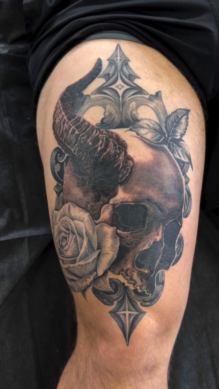 Tattoo by @tattoosbybabes — dark_realism, black_and_grey