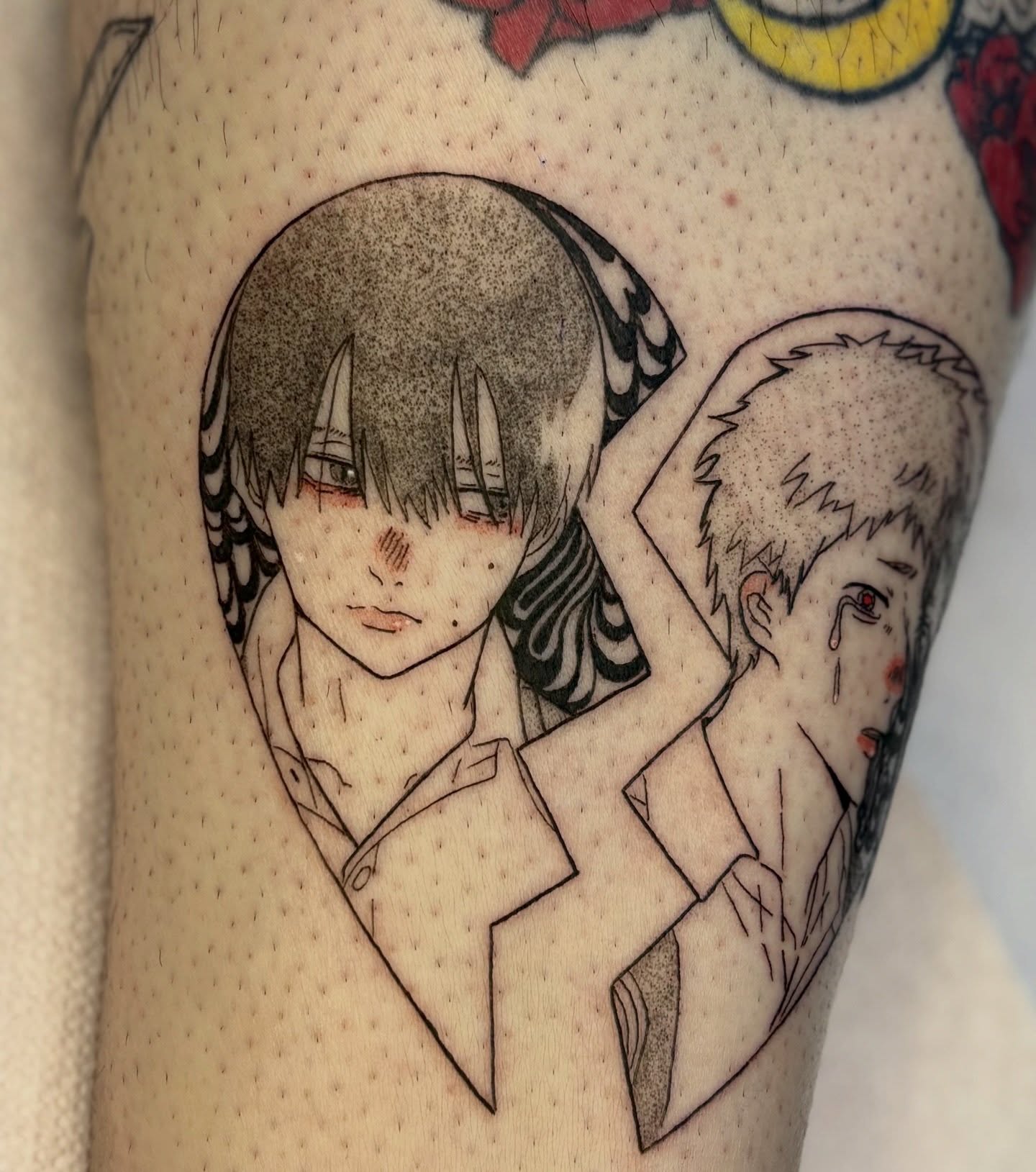 Anime characters dotwork tattoo on the forearm by eli (eh-lee)