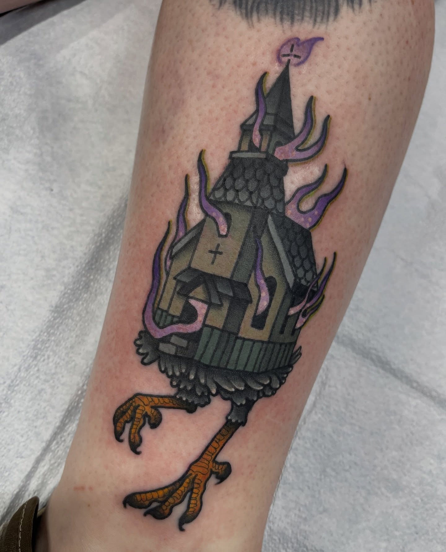 Bird with castle American traditional tattoo on the forearm by Chris Sparks, I just go by Sparks.