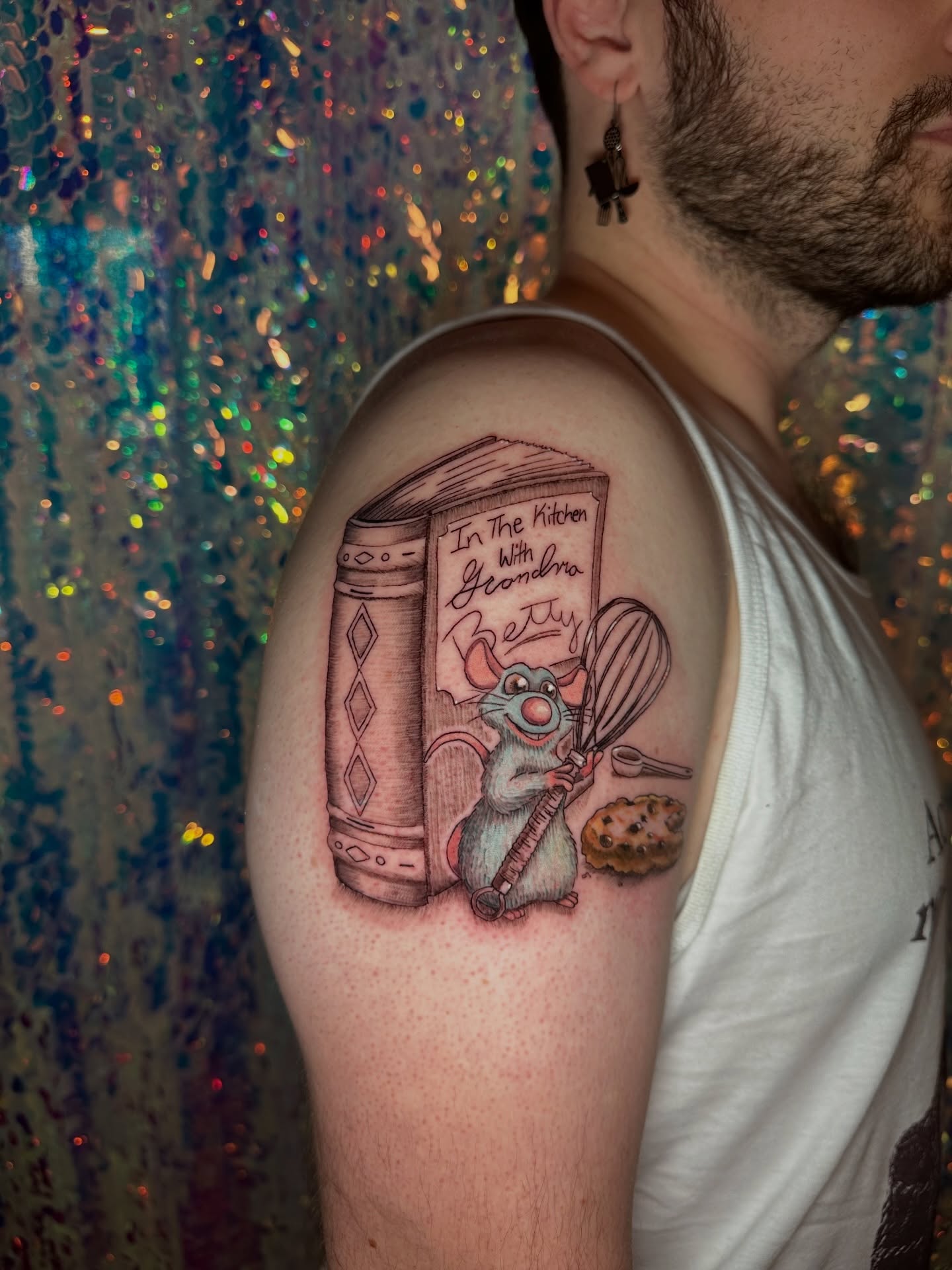 Rat with whisk and cookbook realism tattoo on the shoulder by Sunny, Austin, Texas