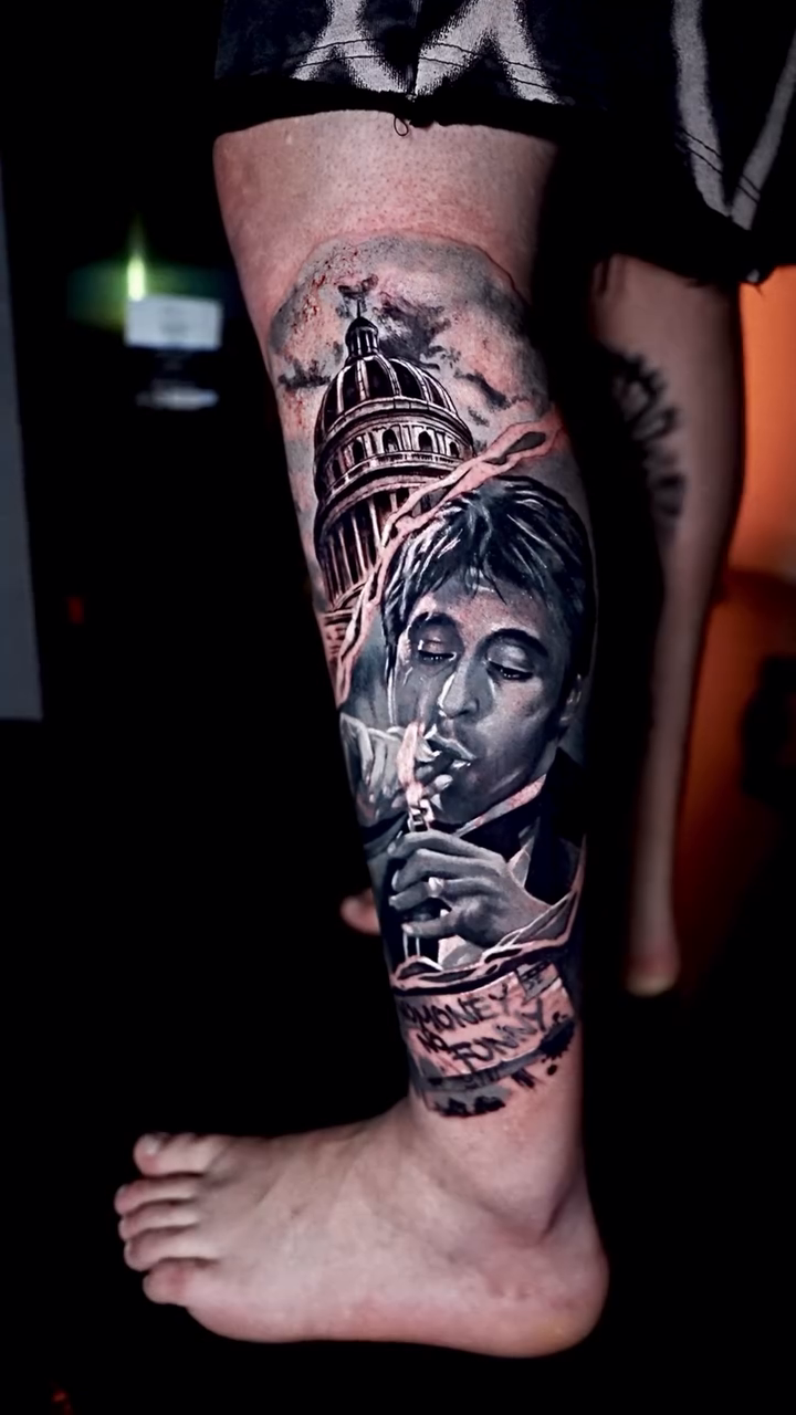 Man's portrait and building realism tattoo by ⚜️ Osnay Tattoo Art ⚜️