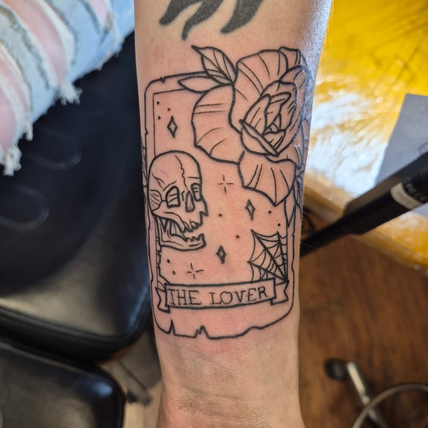 The lover tarot card black and grey tattoo on the forearm by Bobby H
