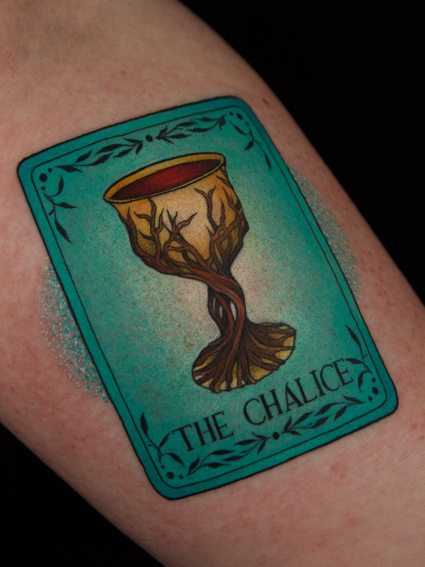 The chalice dotwork tattoo on the forearm by caliope yiannos