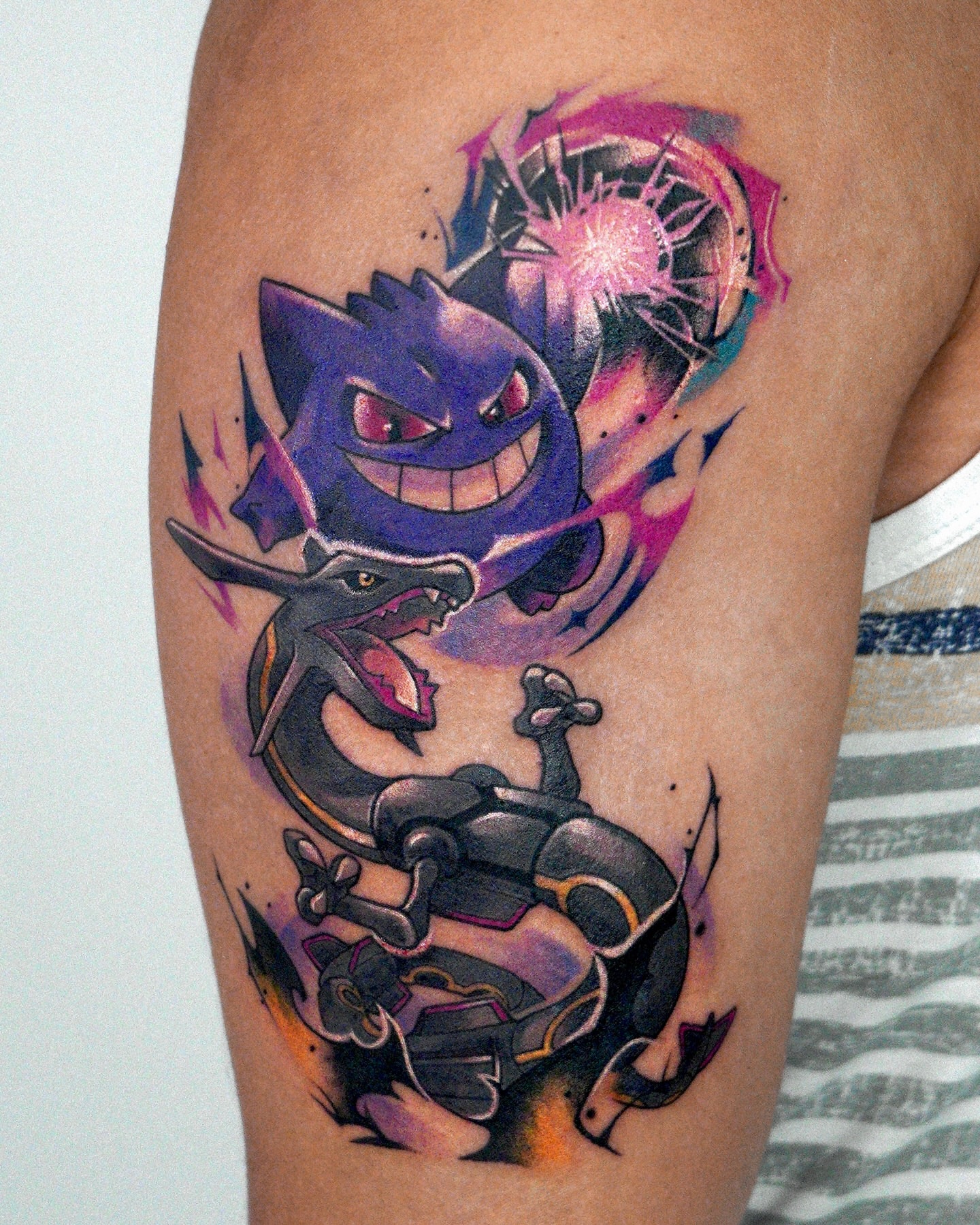 Gengar and Haunter dotwork tattoo on the thigh by Eden