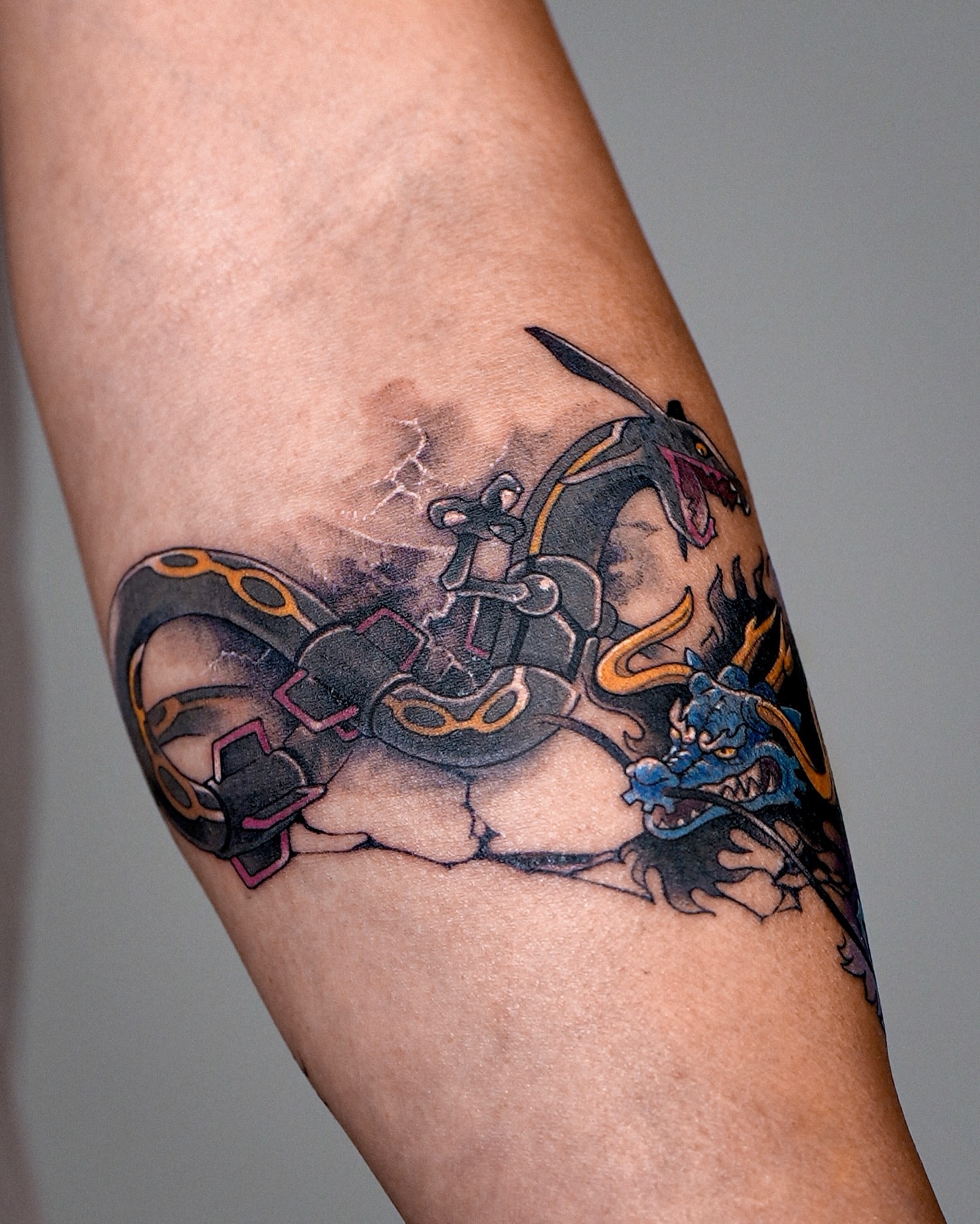 Dragon and samurai armor japanese irezumi tattoo on the forearm by Eden