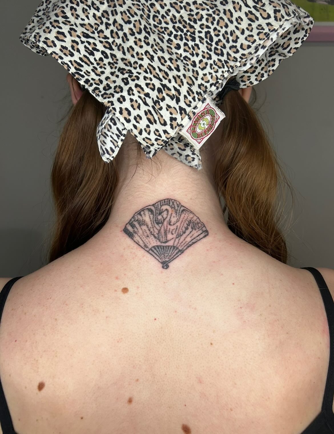 Fan black and grey tattoo on the neck by ˙⋆✮⋆˙‧₊˚✧ sophie ✧˚₊‧˙⋆✮⋆˙