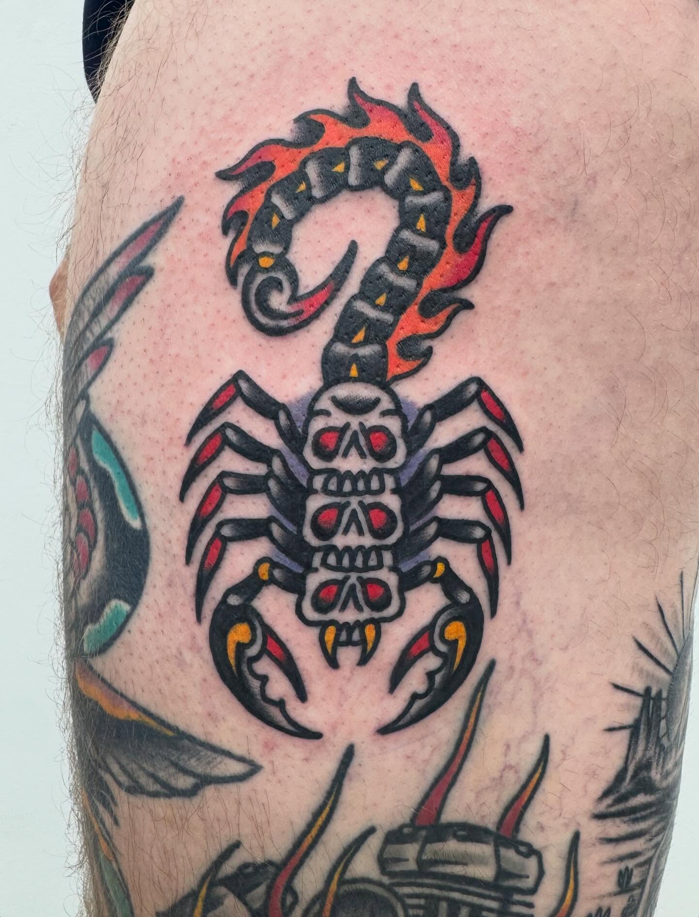 Scorpion American traditional tattoo on the forearm by Oldschool Tattooer