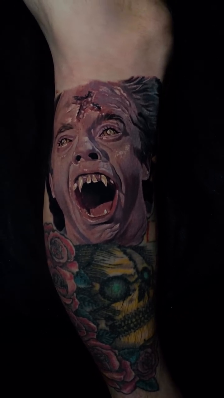 Vampire face and skull realism tattoo by Dave James