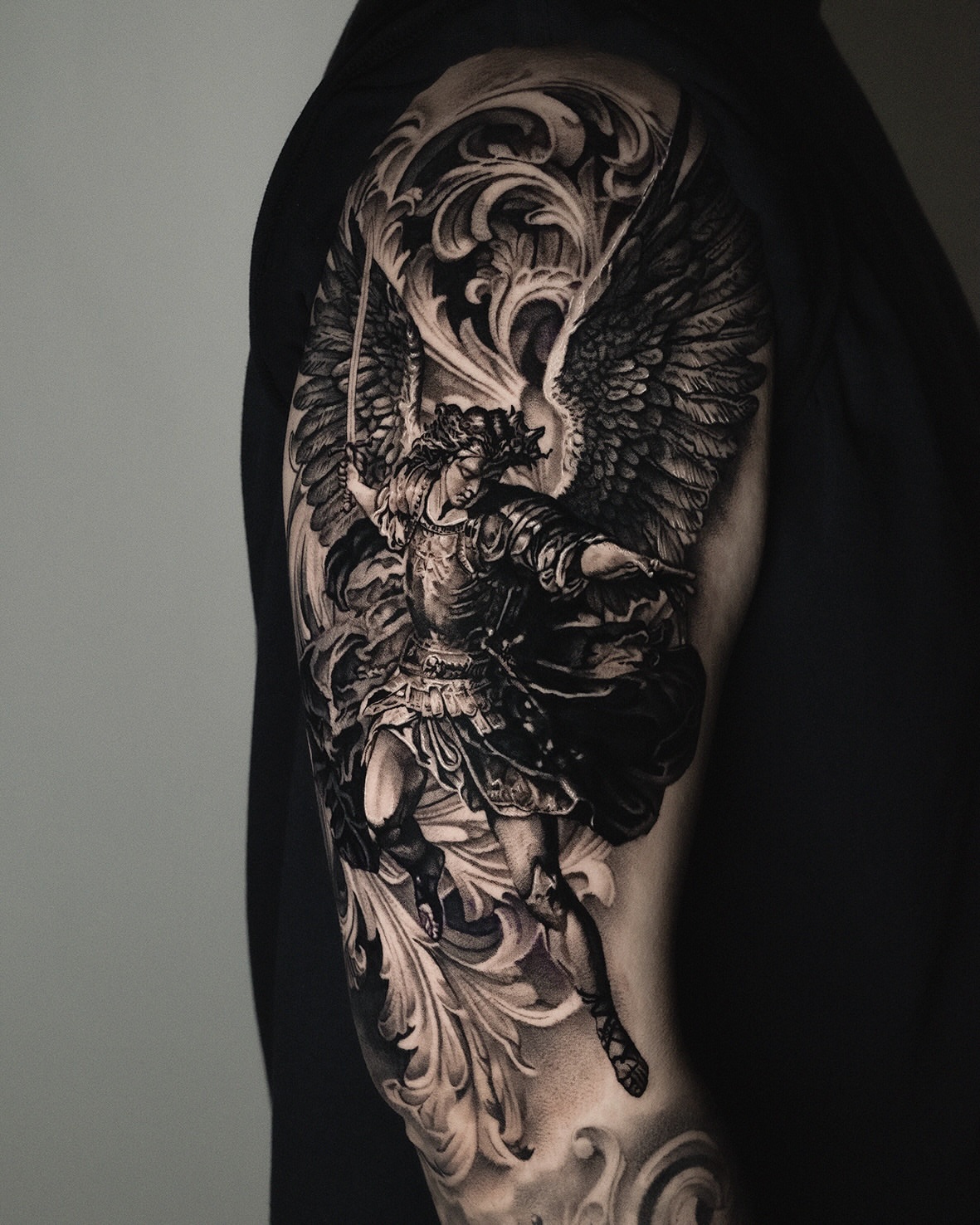 Angelic warrior realism tattoo on the forearm by AMU