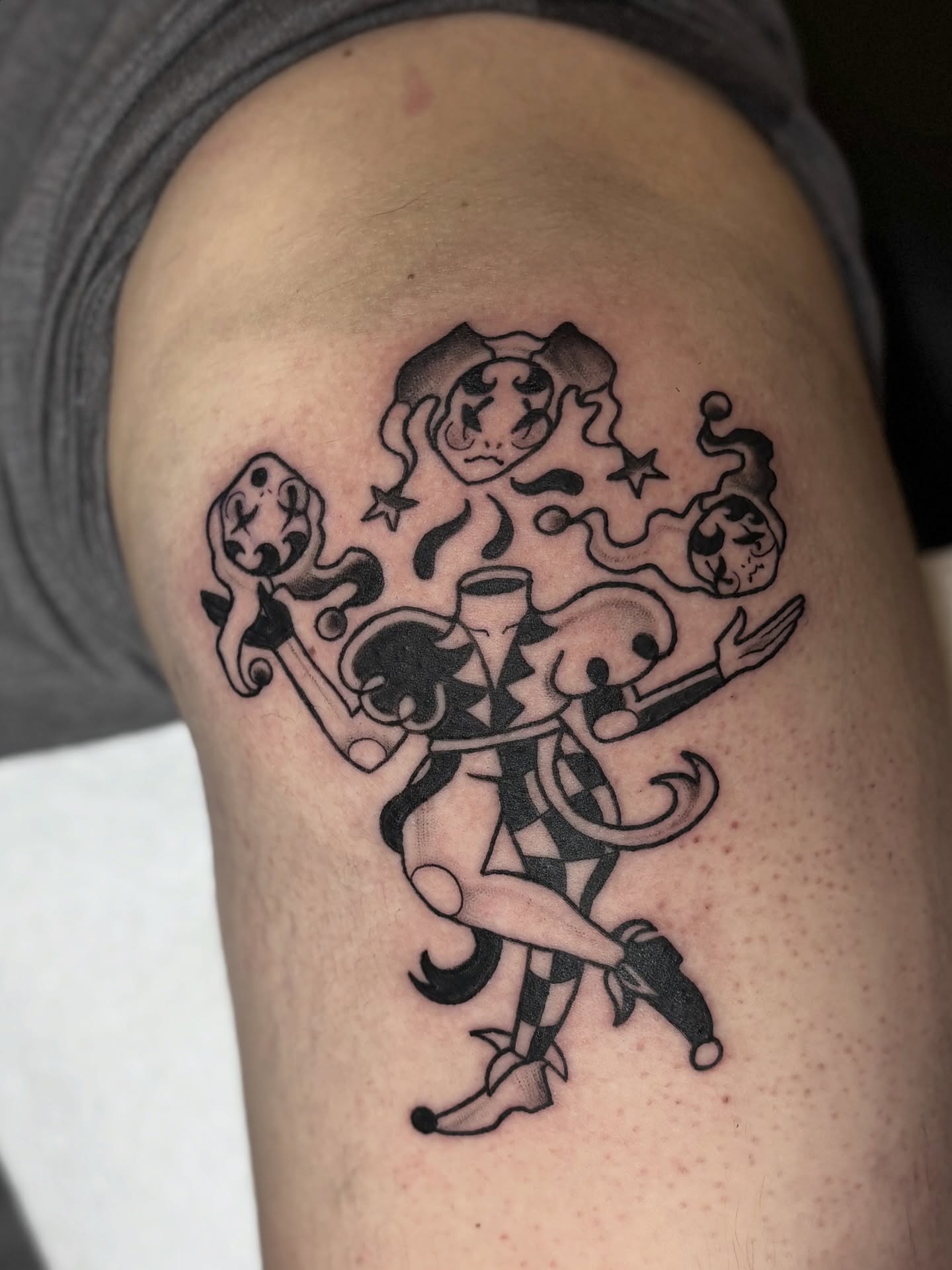 Jester black and grey tattoo on the thigh by ๐ฅ Jas ๐ฅ