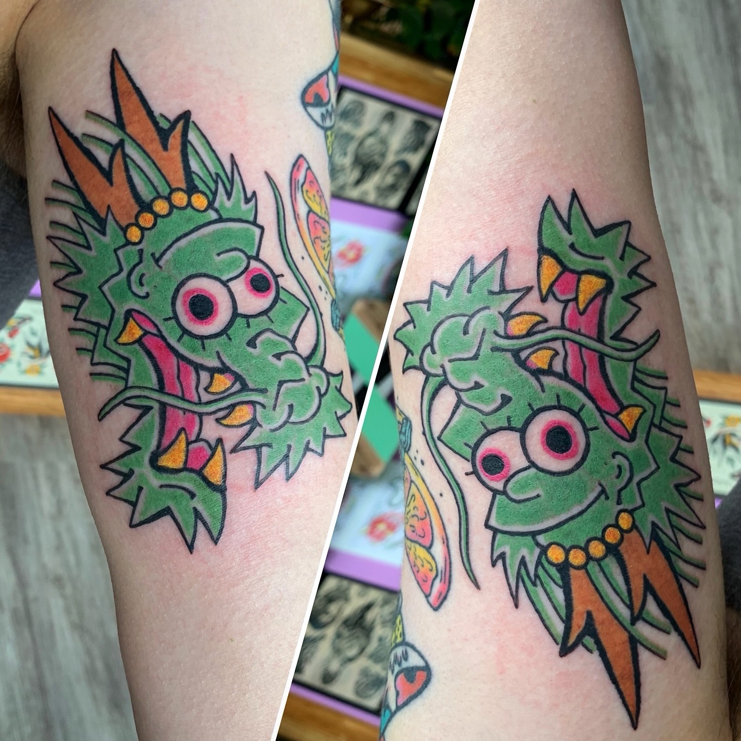 Green dragon American traditional tattoo on the forearm by Destroy Troy